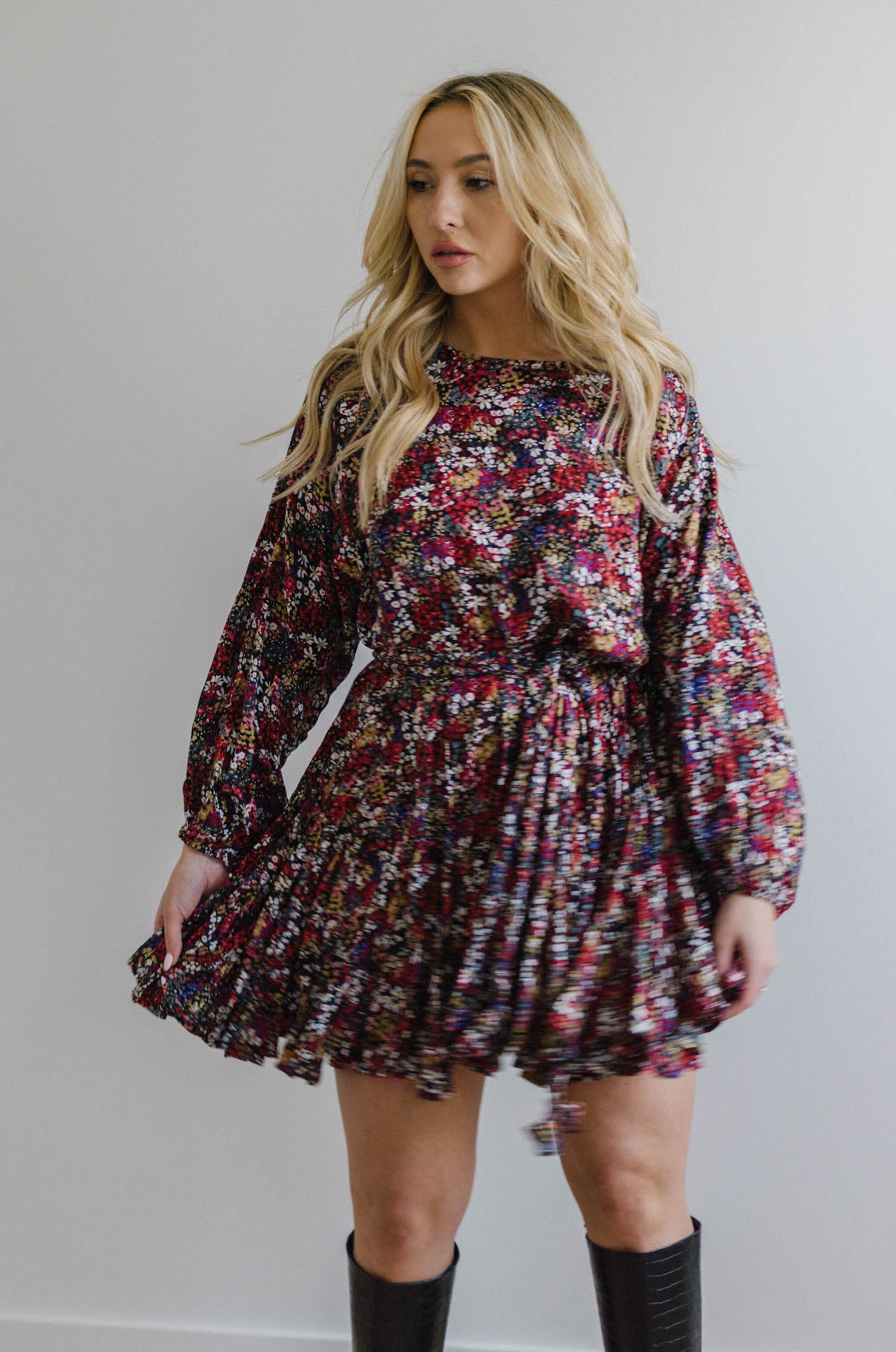 multicolor floral long sleeve mini dress with braided rope belt and pleated hem