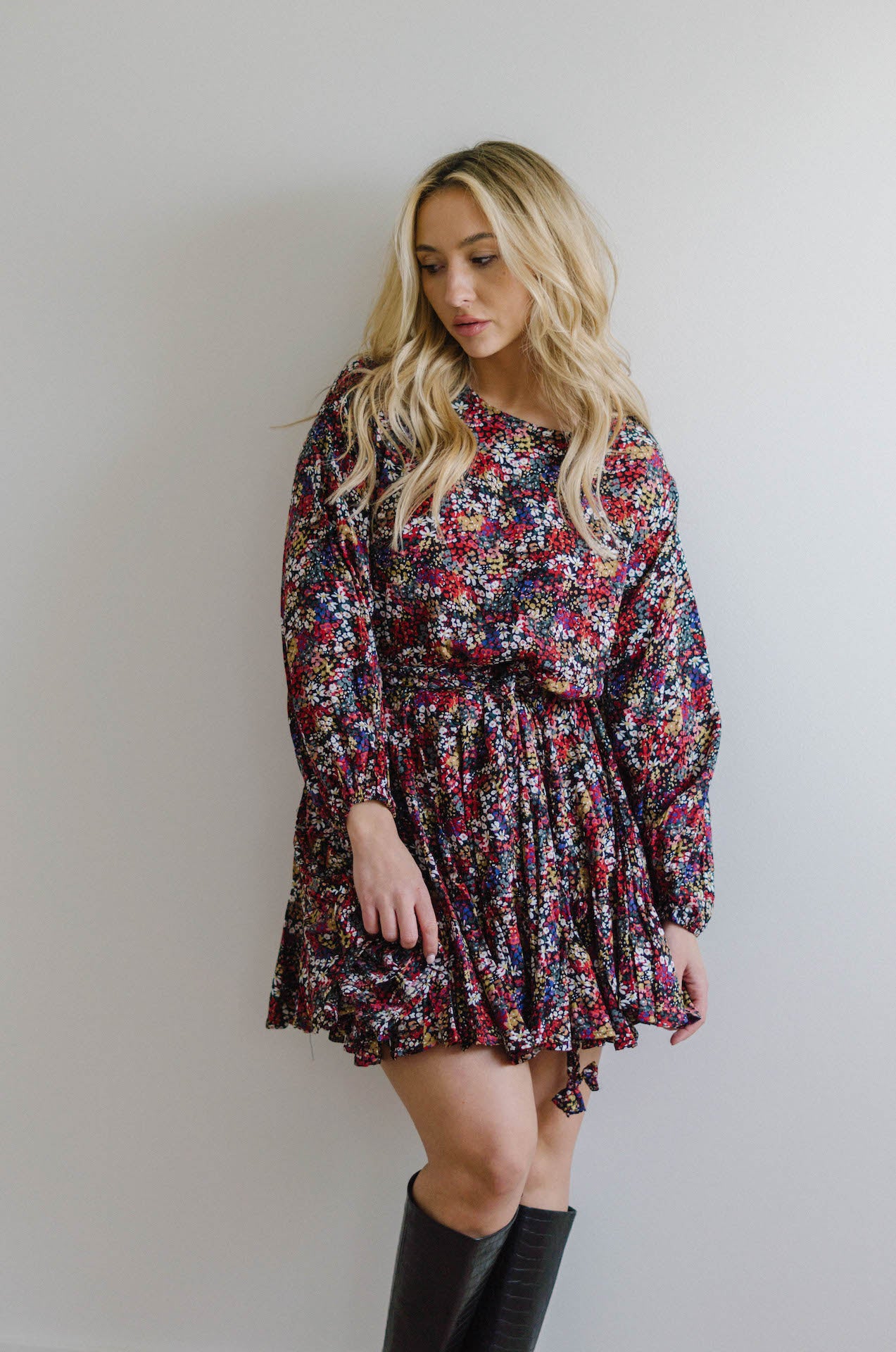 multicolor floral long sleeve mini dress with braided rope belt and pleated hem