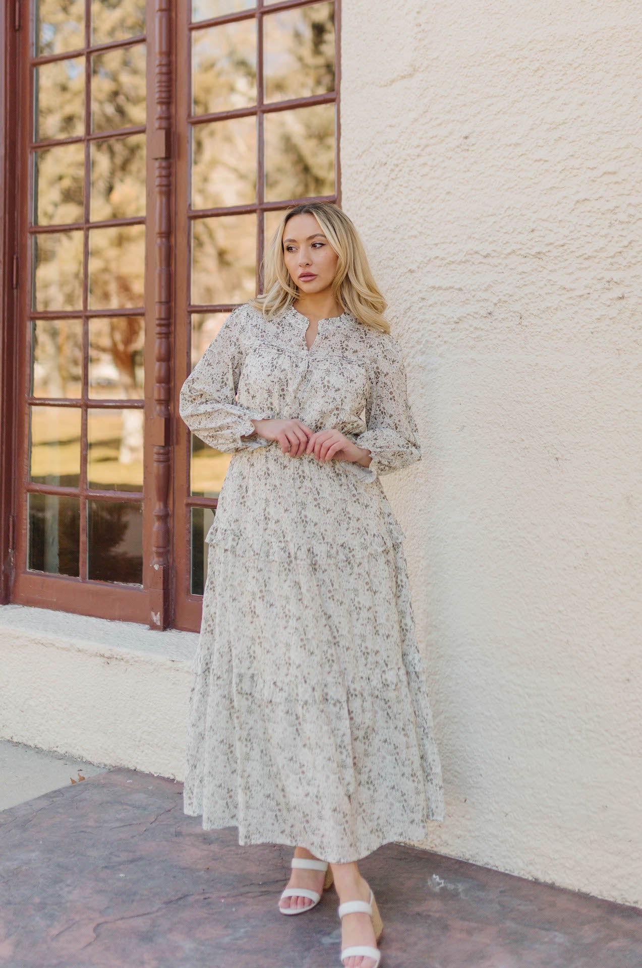 long sleeve green floral maxi dress