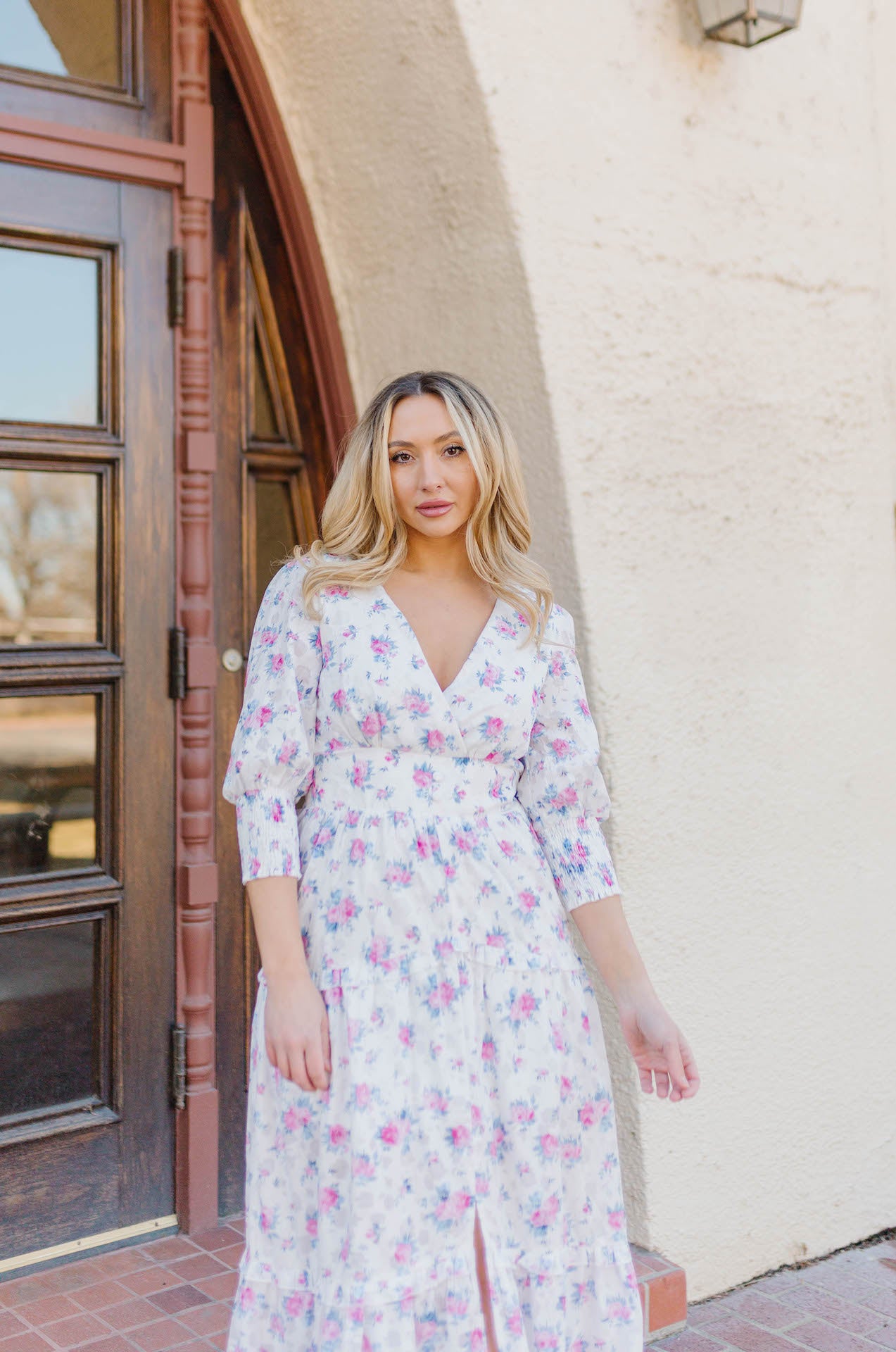 floral print tiered maxi dress with long sleeves
