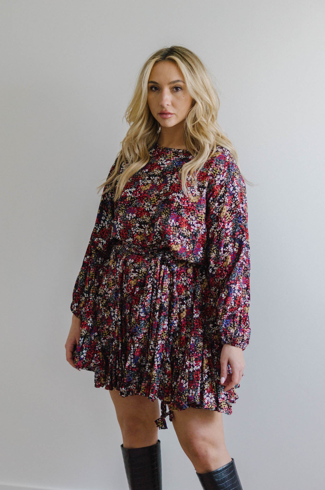 multicolor floral long sleeve mini dress with braided rope belt and pleated hem