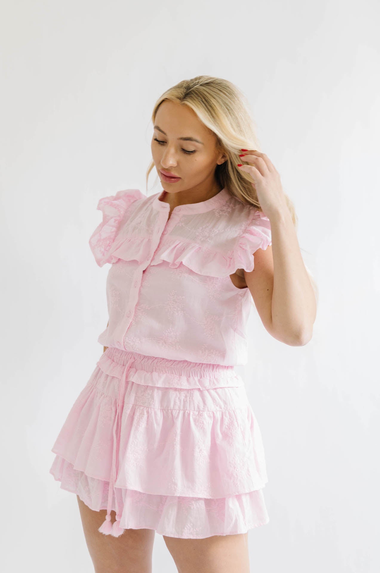 Pink Embroidered Ruffle Romper Dress