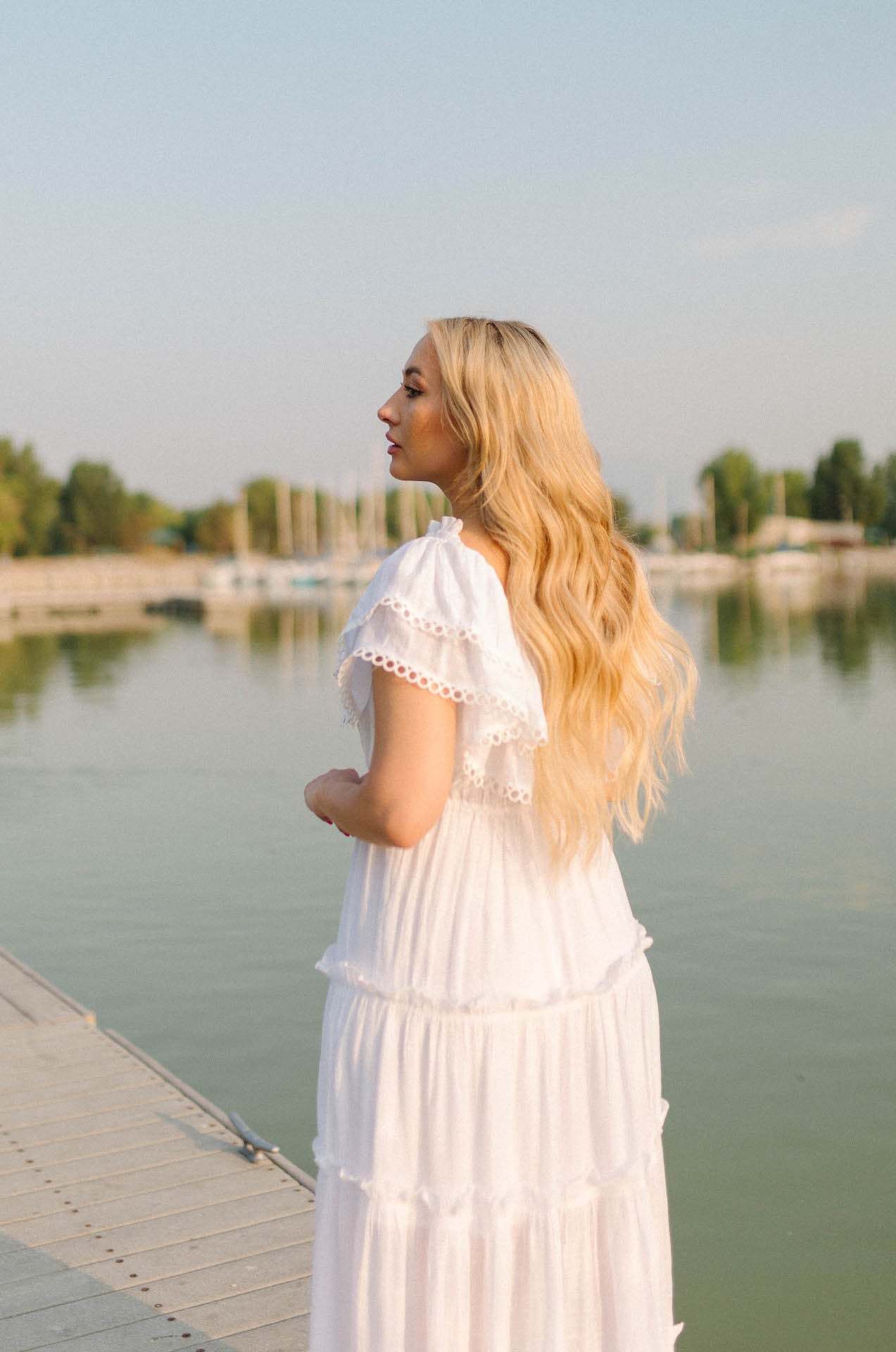 stylish girly white maxi dress with ruffles