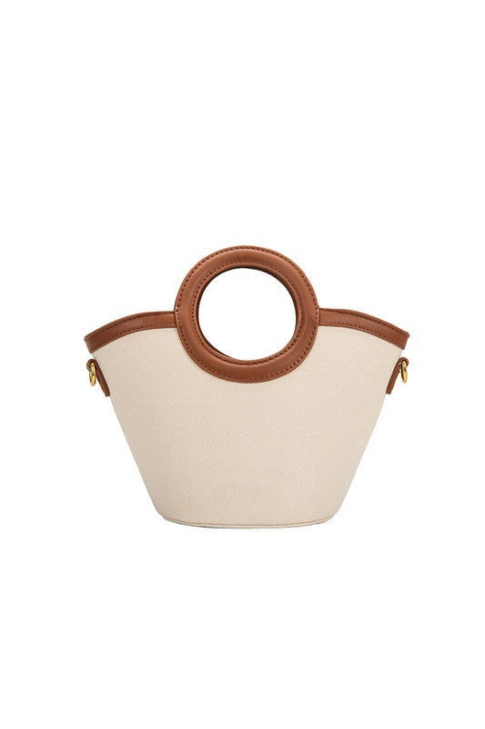 melie bianco beige canvas handbag with brown leather lining