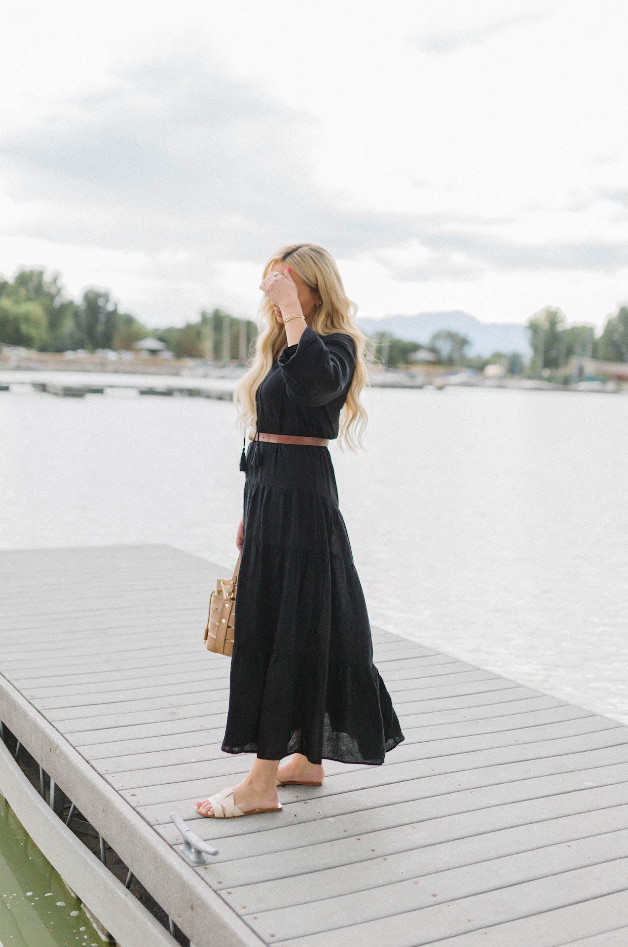 Casual Black Dotted Tiered Midi Dress