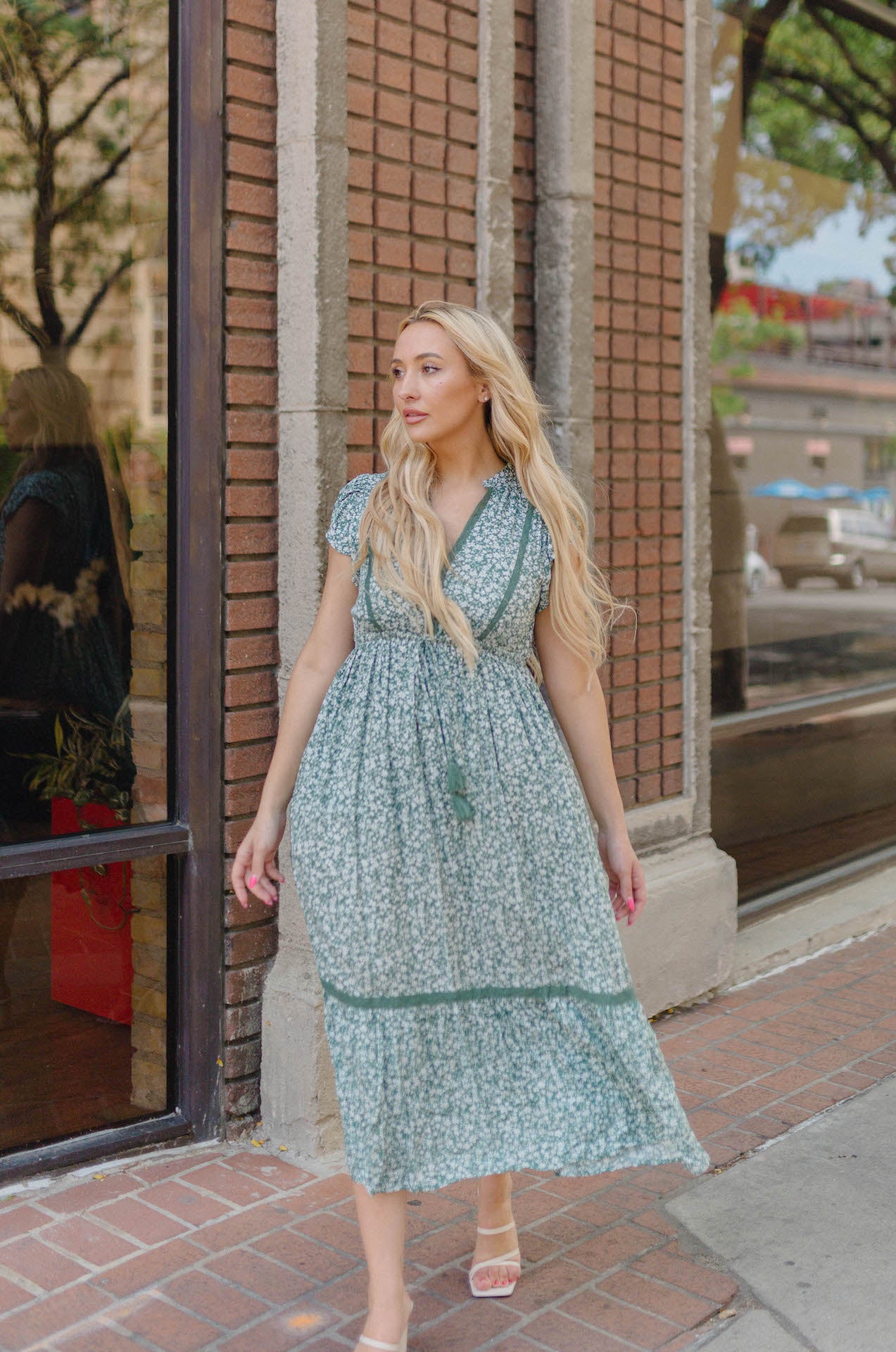 green midi dress with tassels