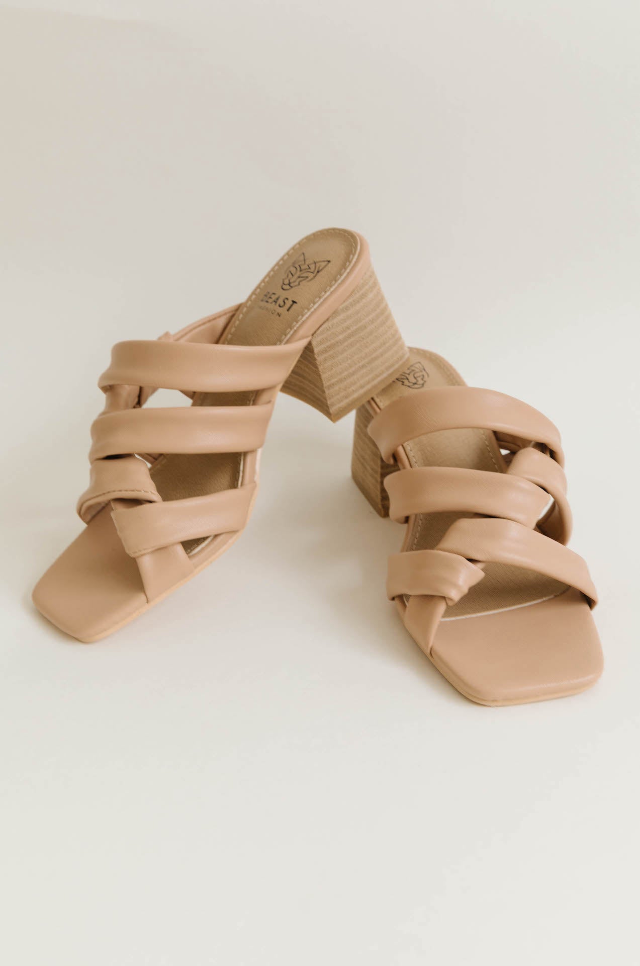nude beige strappy low block heel sandals