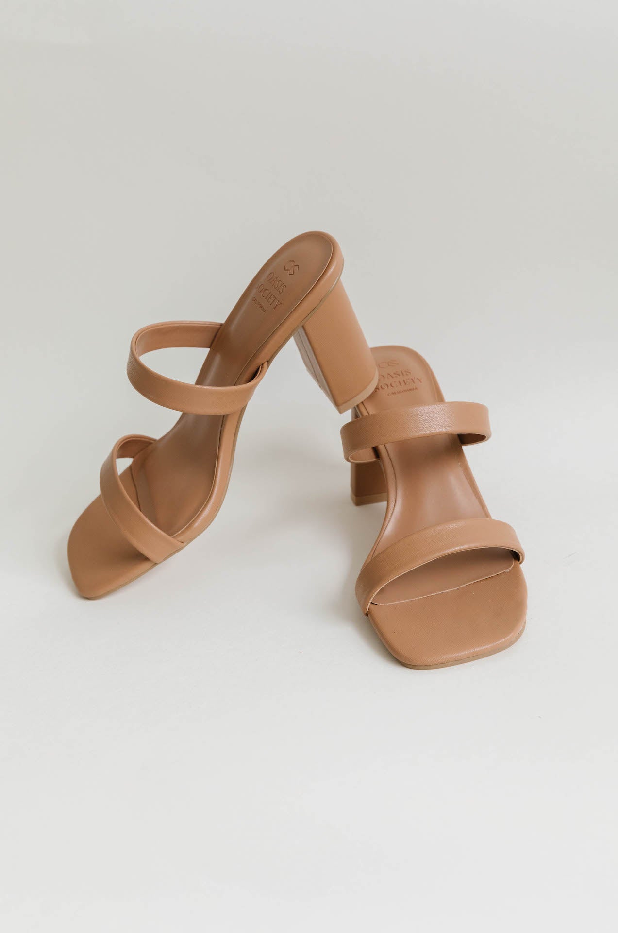 nude beige tan strappy faux leather heels with a chunky block heel