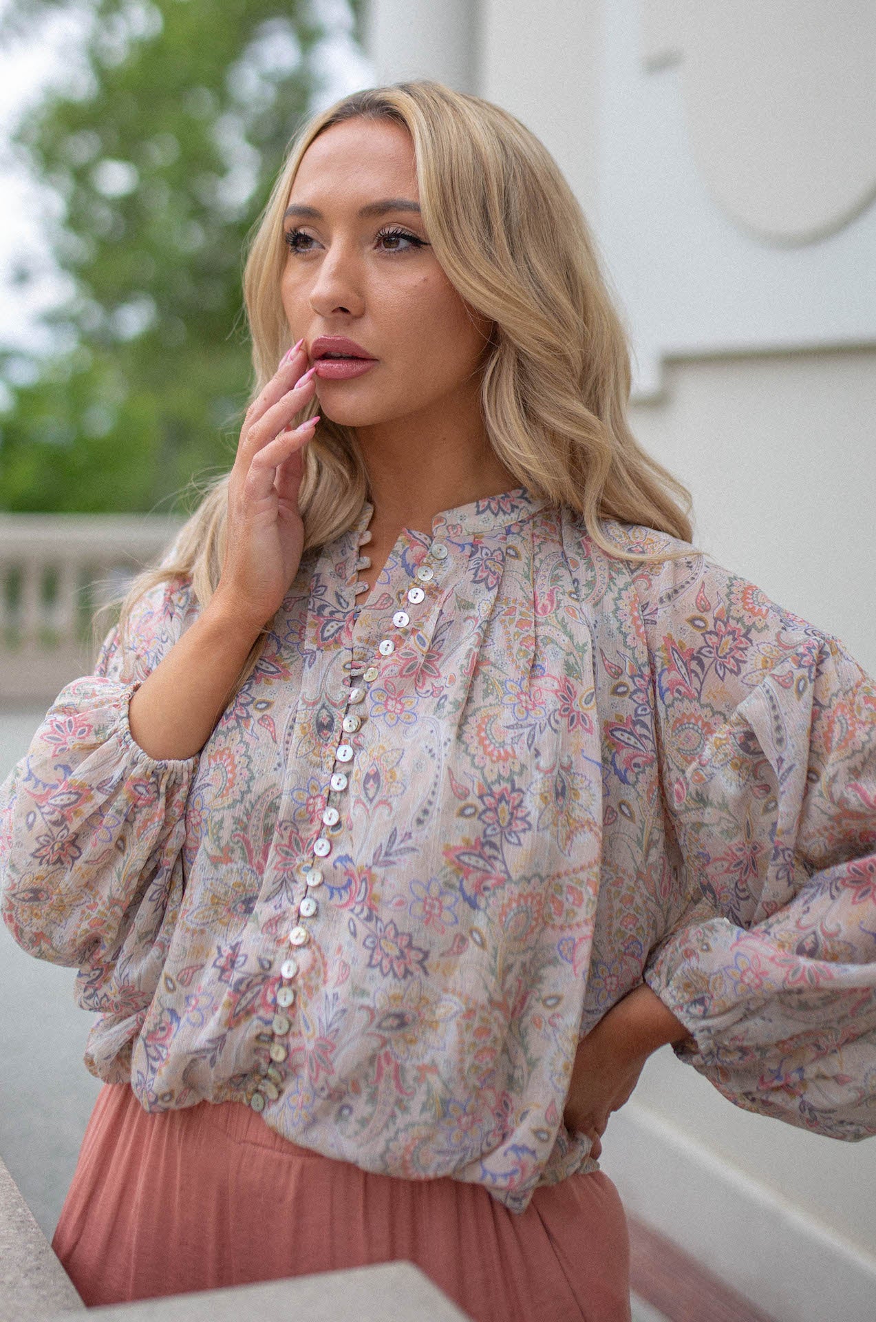 pretty floral and paisley print blouse with pearl buttons