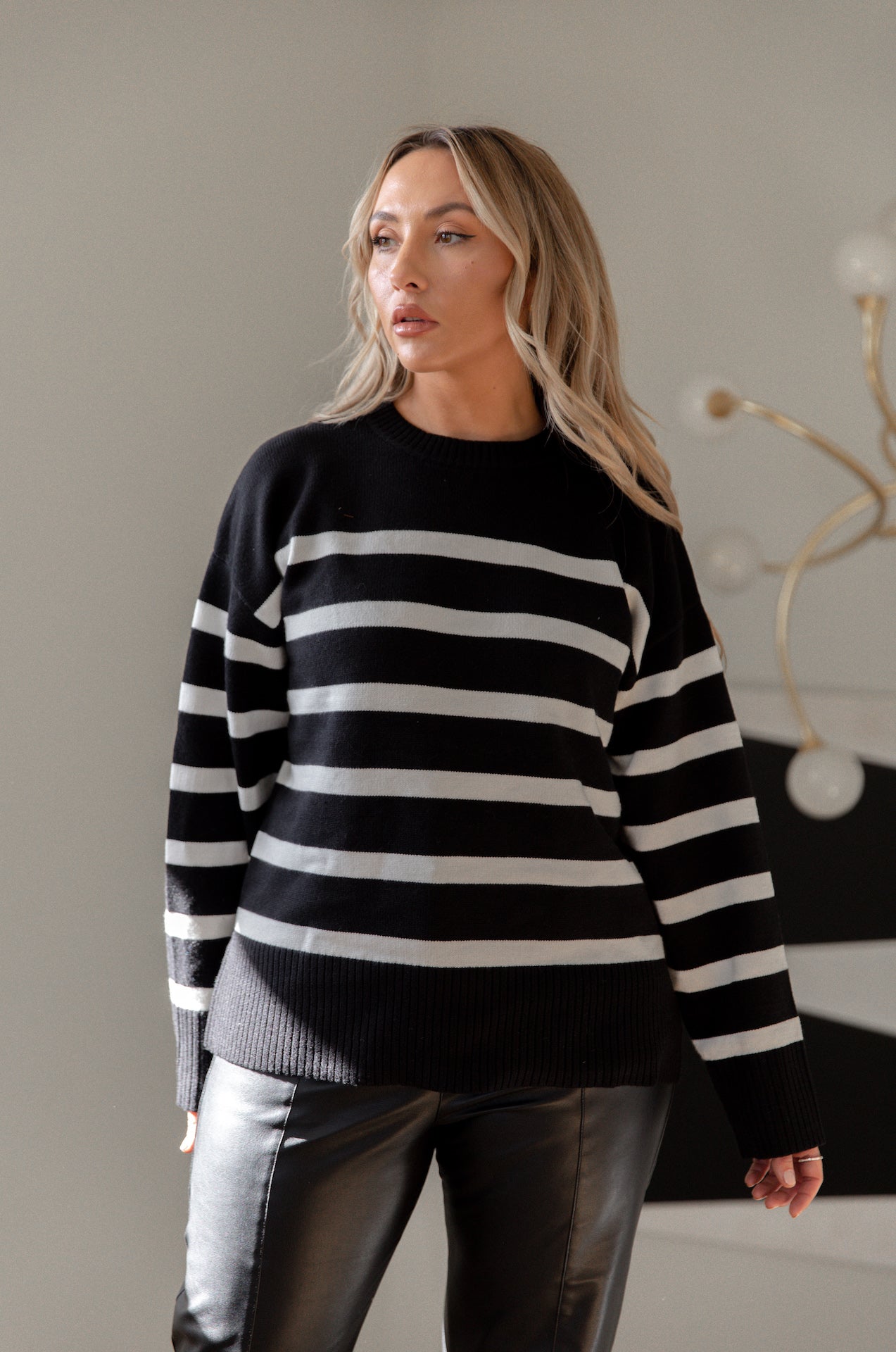 crewneck black and white striped sweater for women