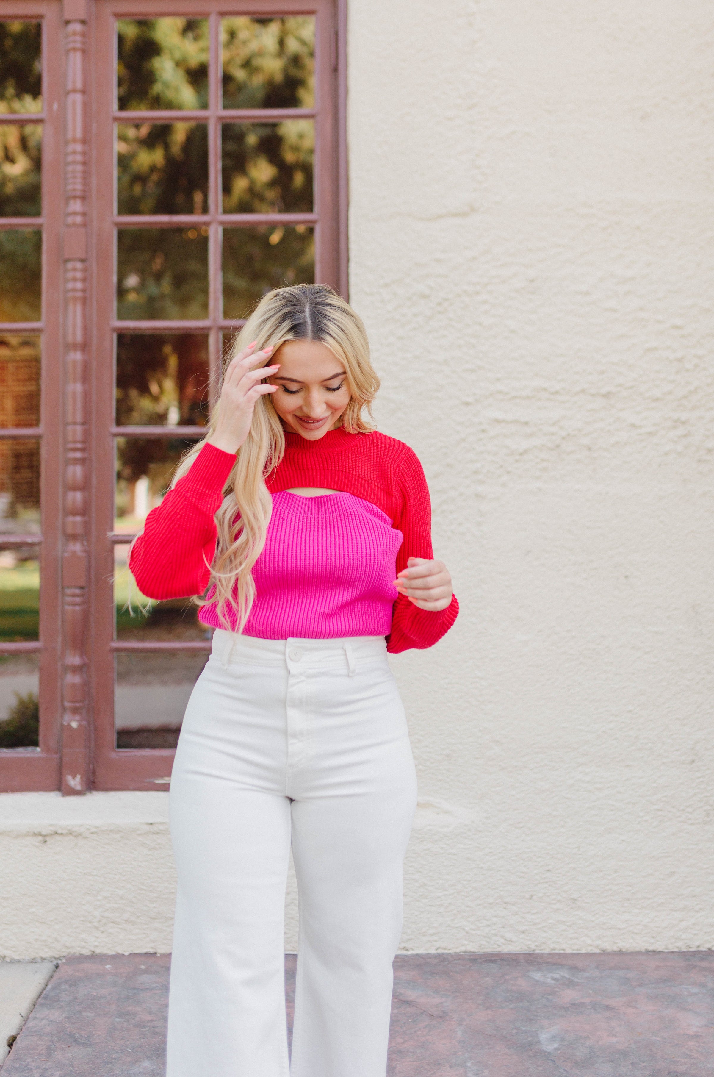PINK PRINT SWEATER W/RED TRIM main image 0