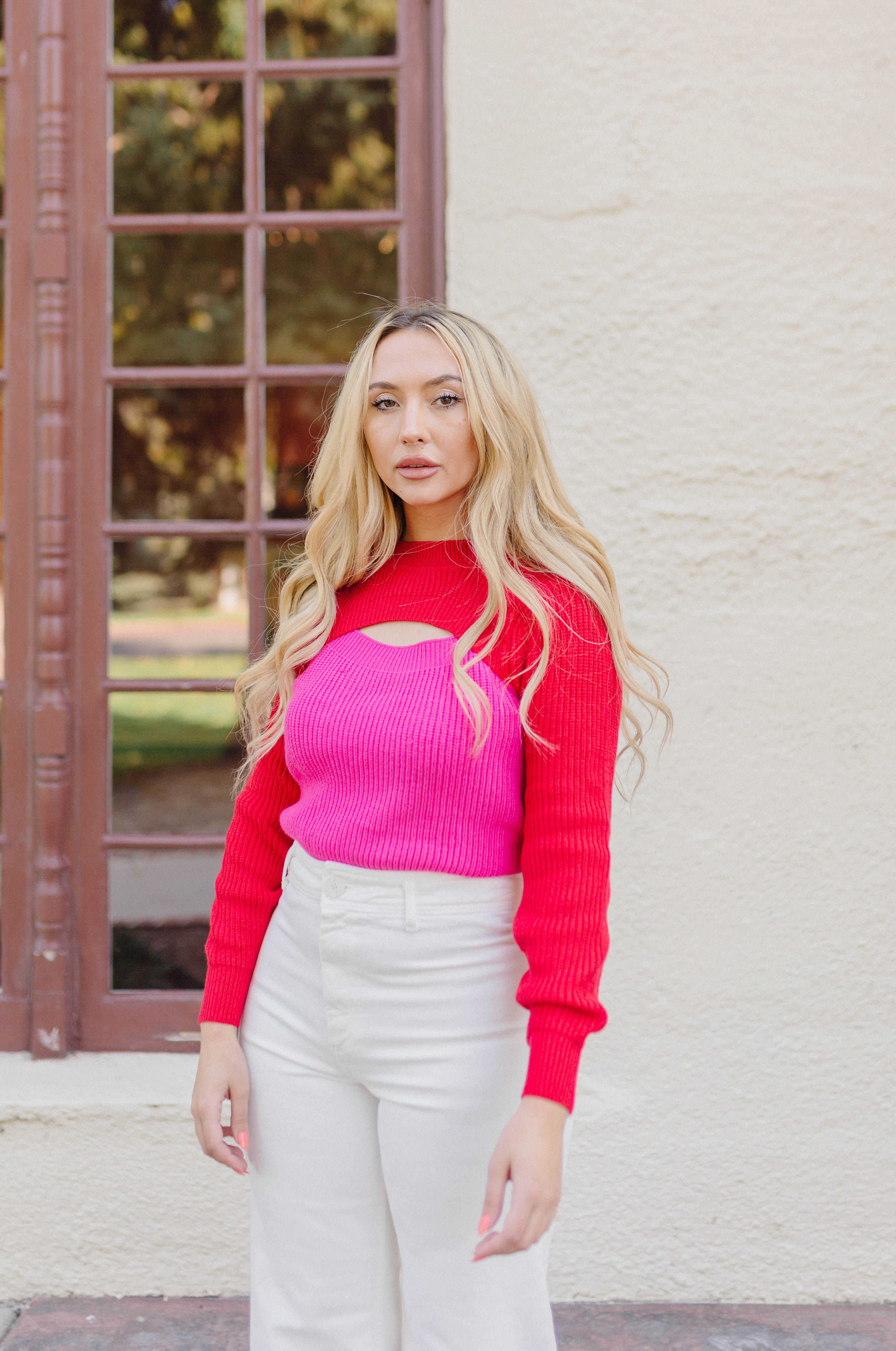 Falling For You Knit Cutout Sweater - Pink/Red
