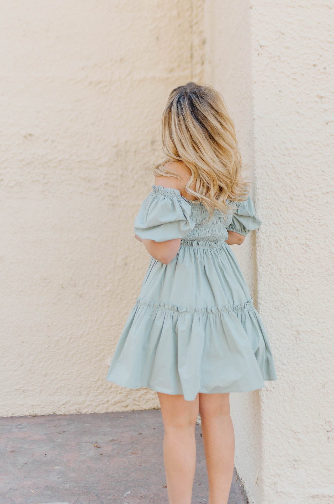 sage short puff sleeve poplin babydoll tiered mini dress