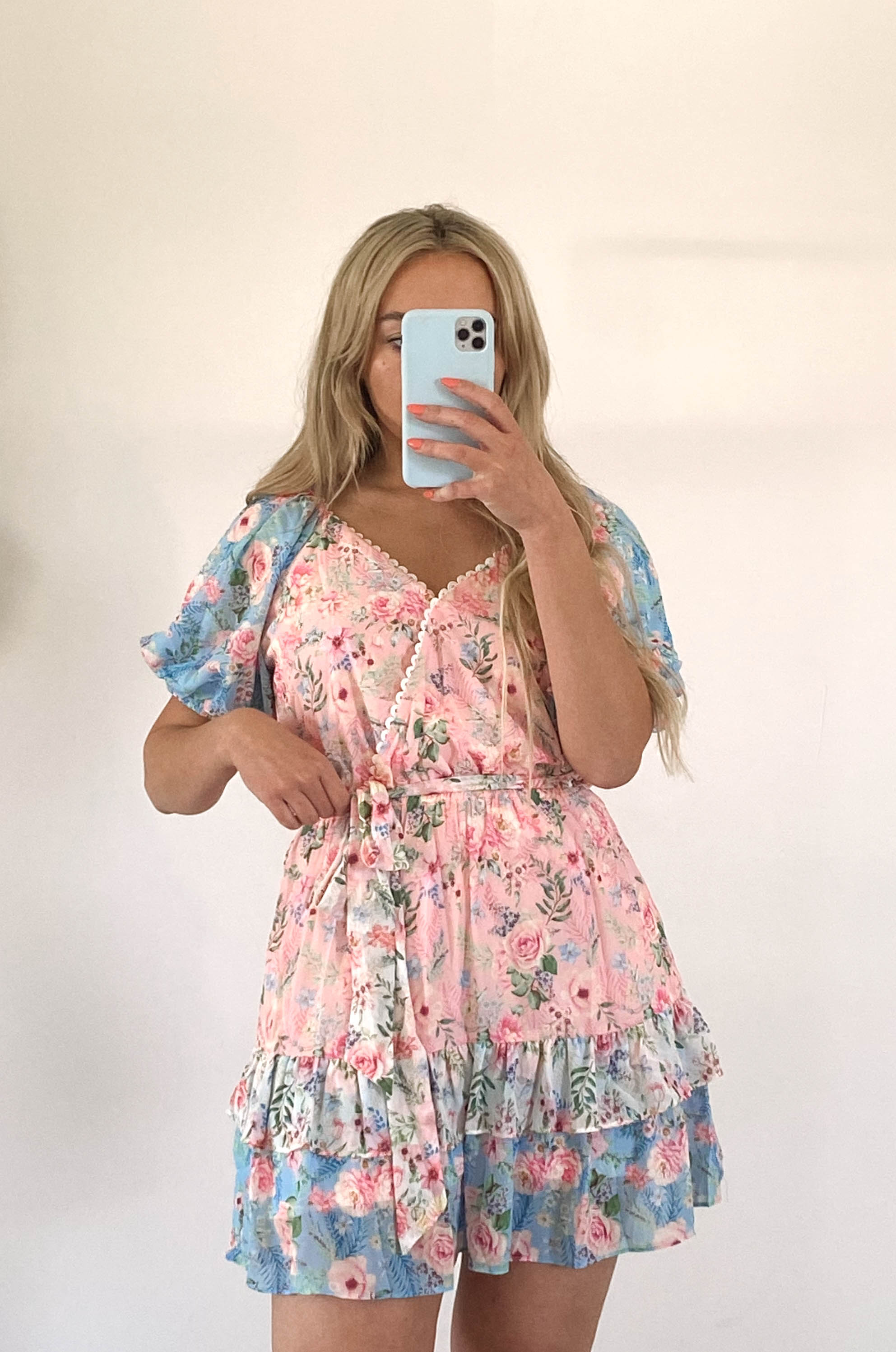pink and blue floral dress with ruffle trim