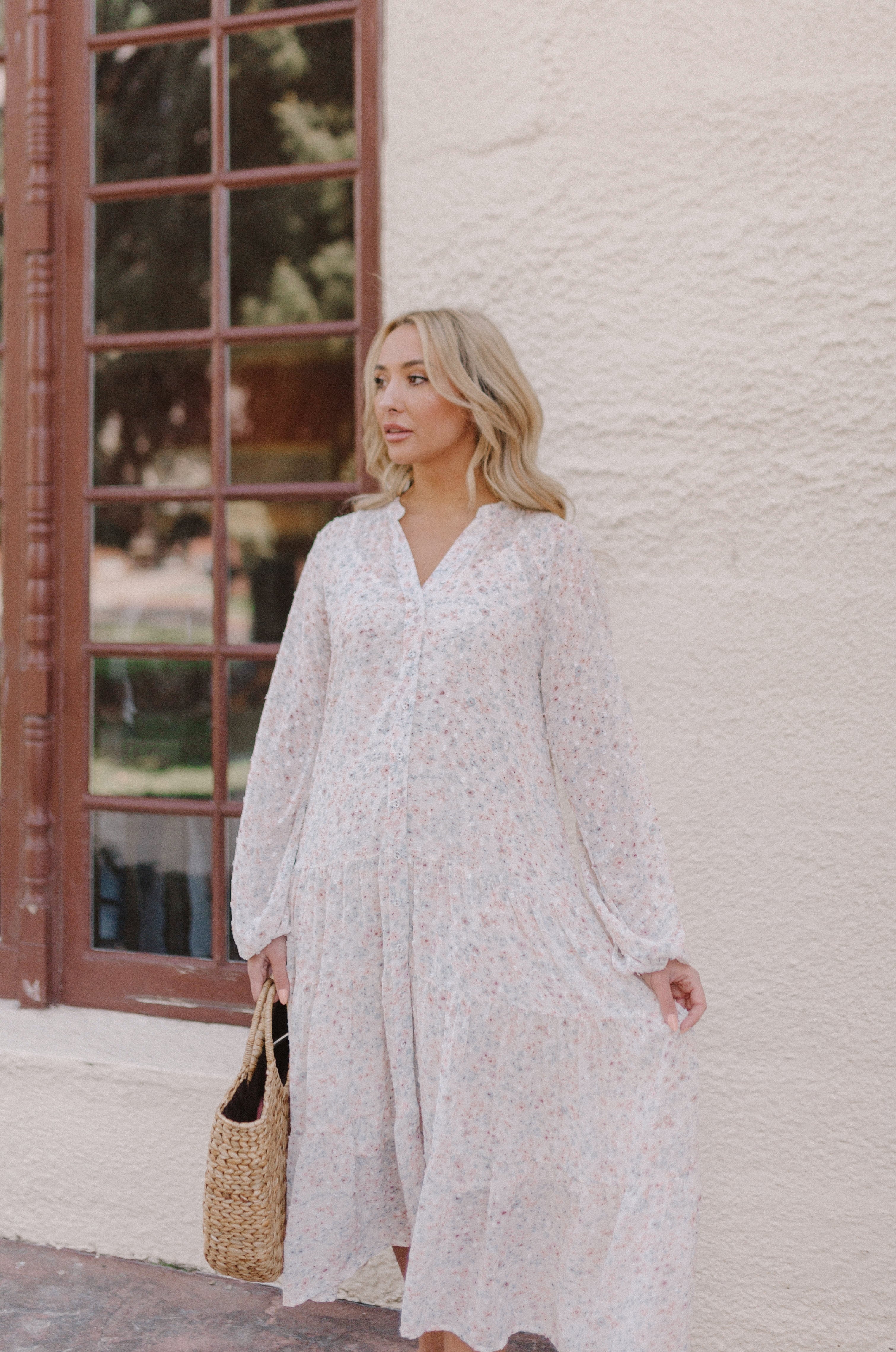 sheer white midi dress with long sleeves