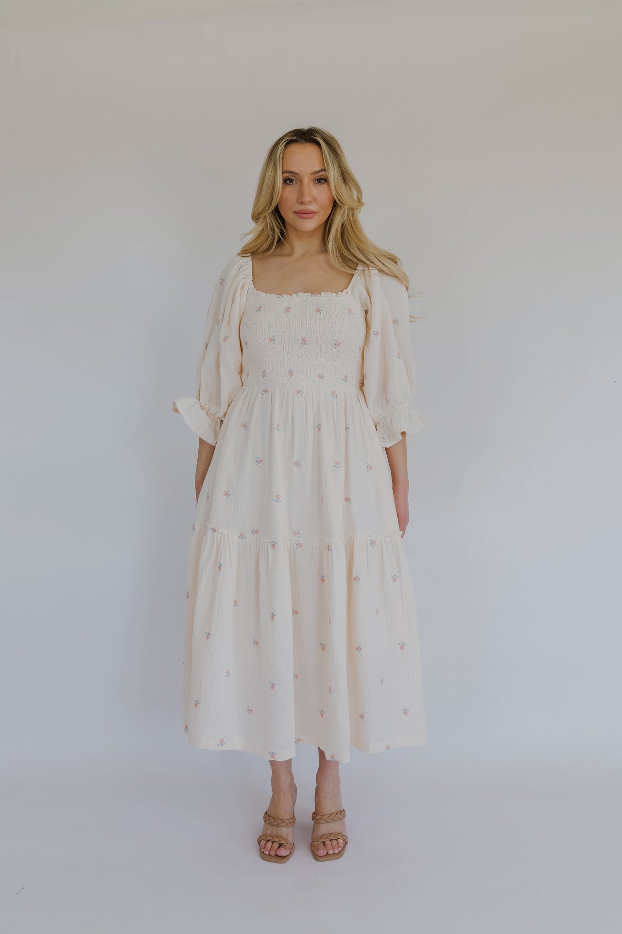 cream puff sleeve midi dress with pockets and embroidered florals
