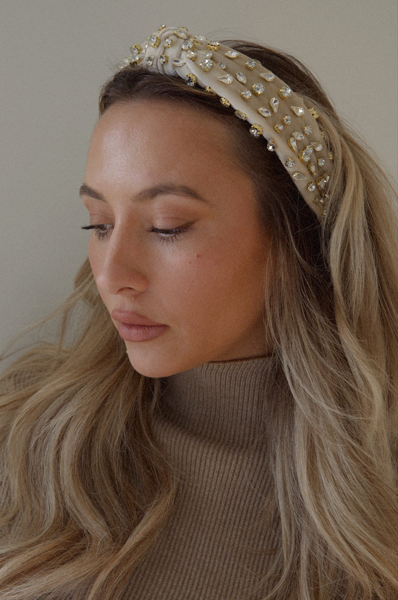 beige jeweled crystal rhinestone velvet top knot headband