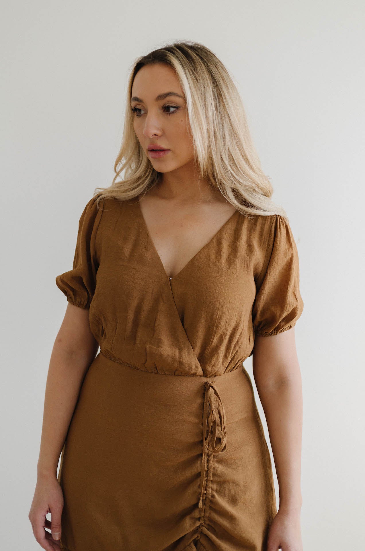 ruched front brown mini dress with sleeves