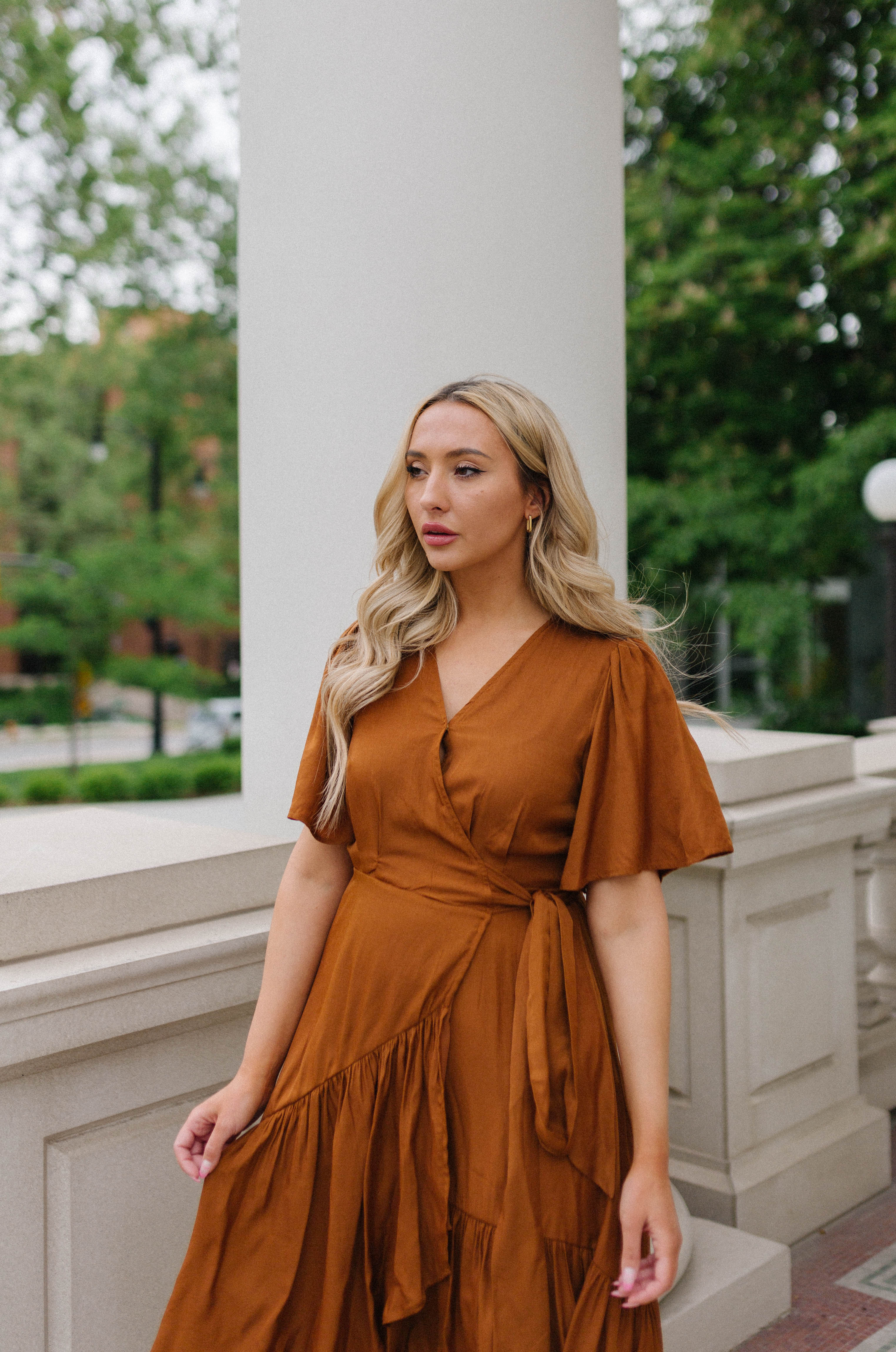 New look midi outlet wrap dress in rust