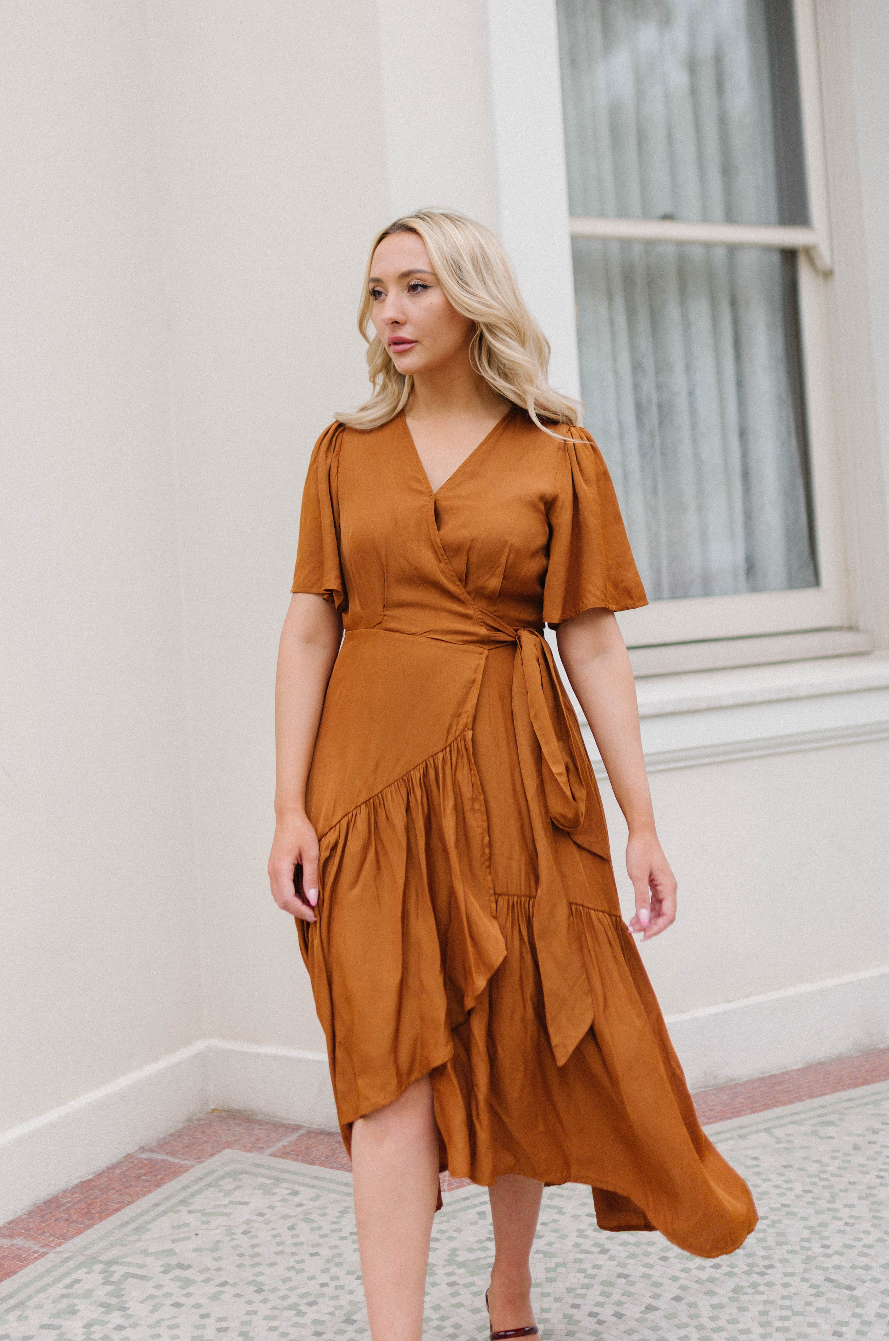 asymmetrical ruffle midi dress