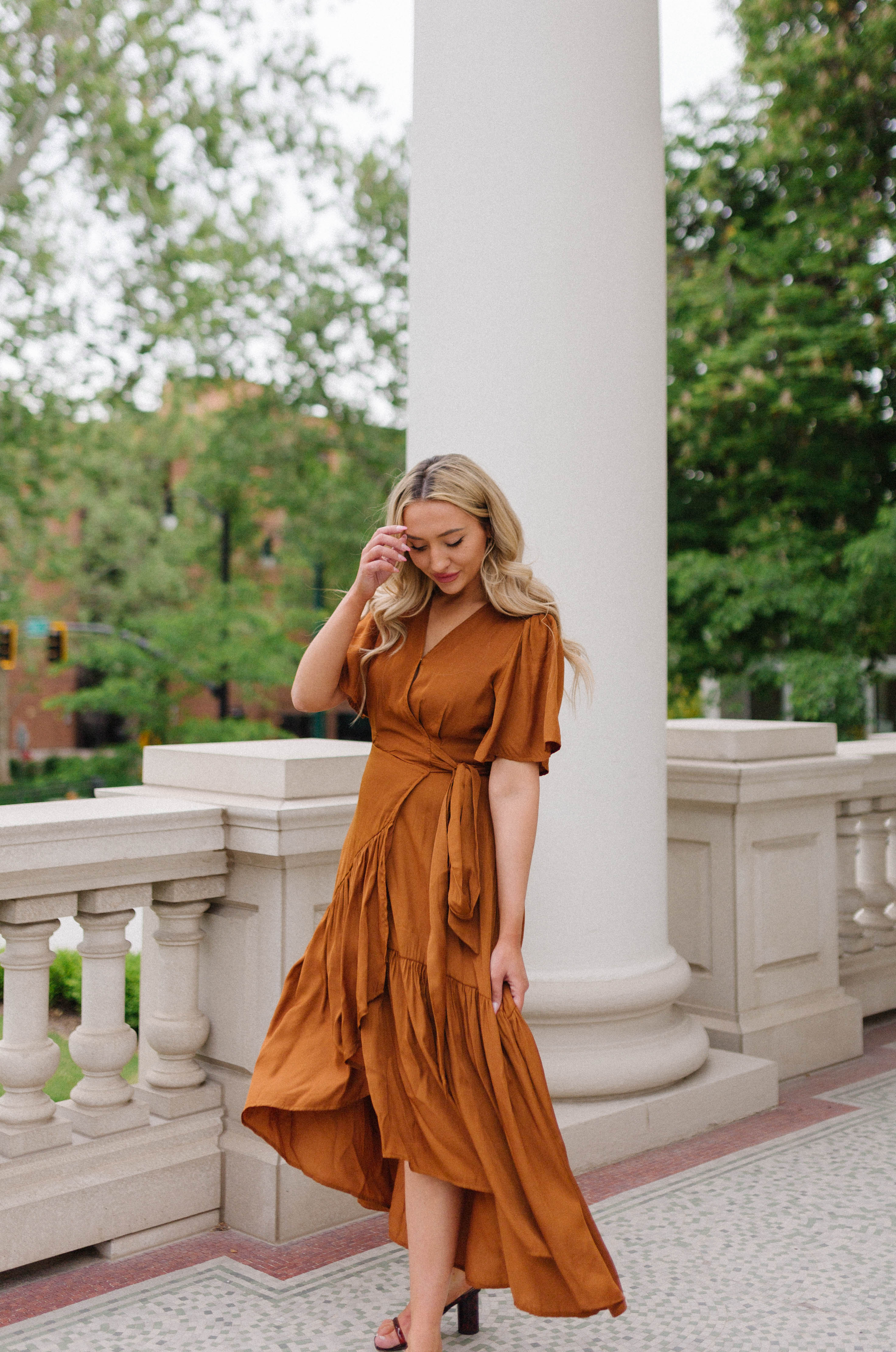 satin rust midi dress