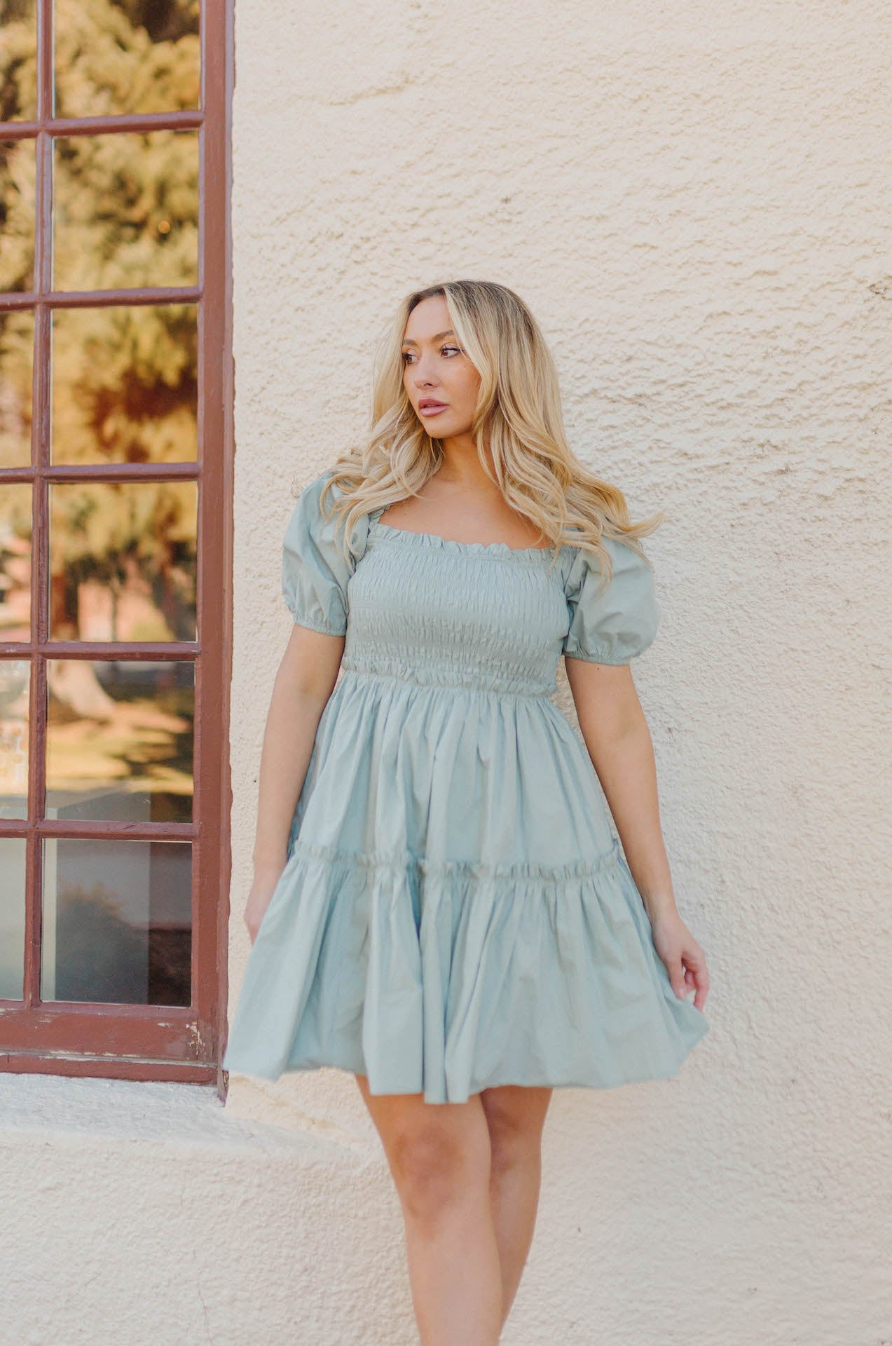 sage short puff sleeve babydoll mini dress