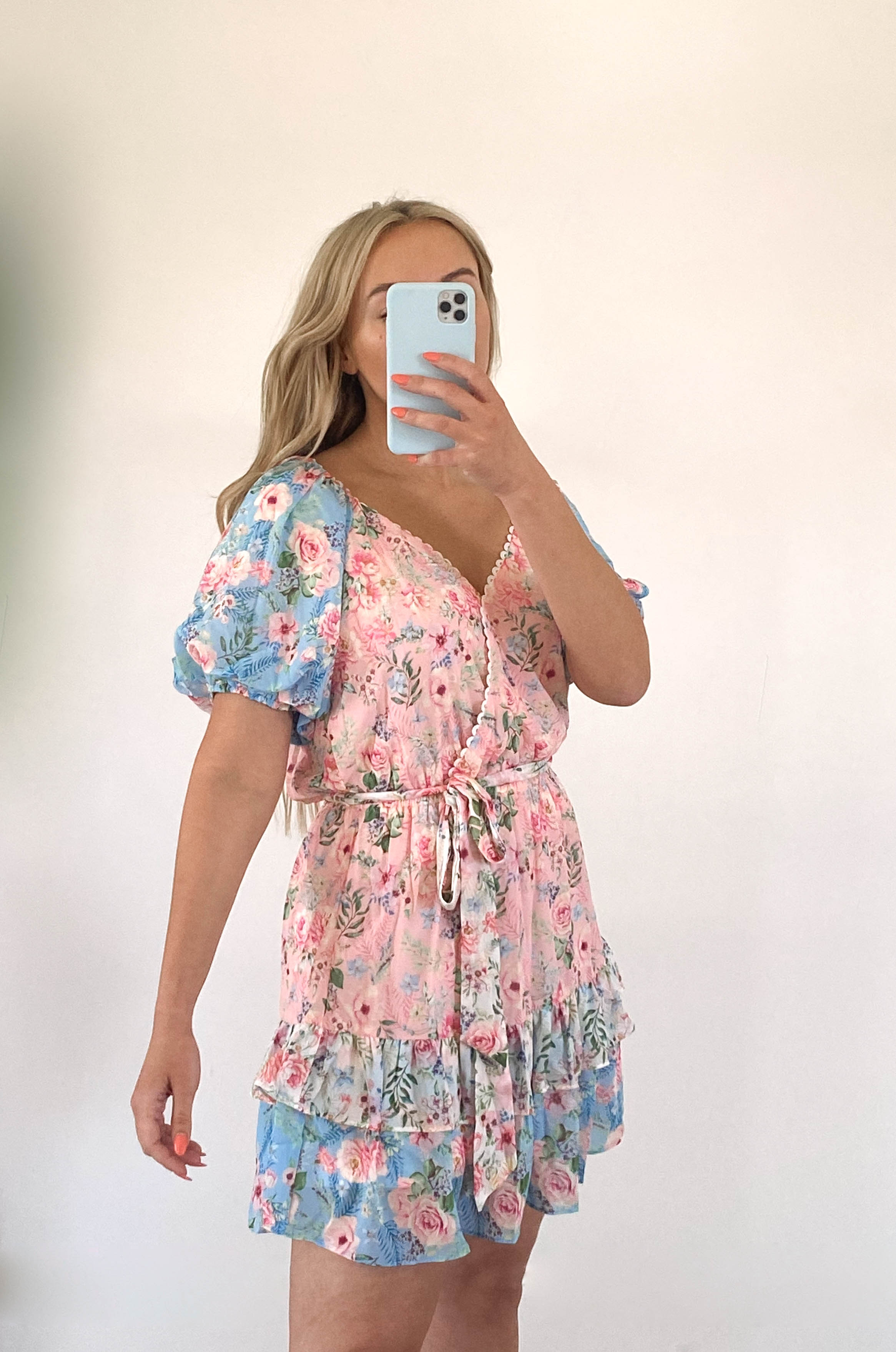 summer floral dress wrap style with puff sleeves