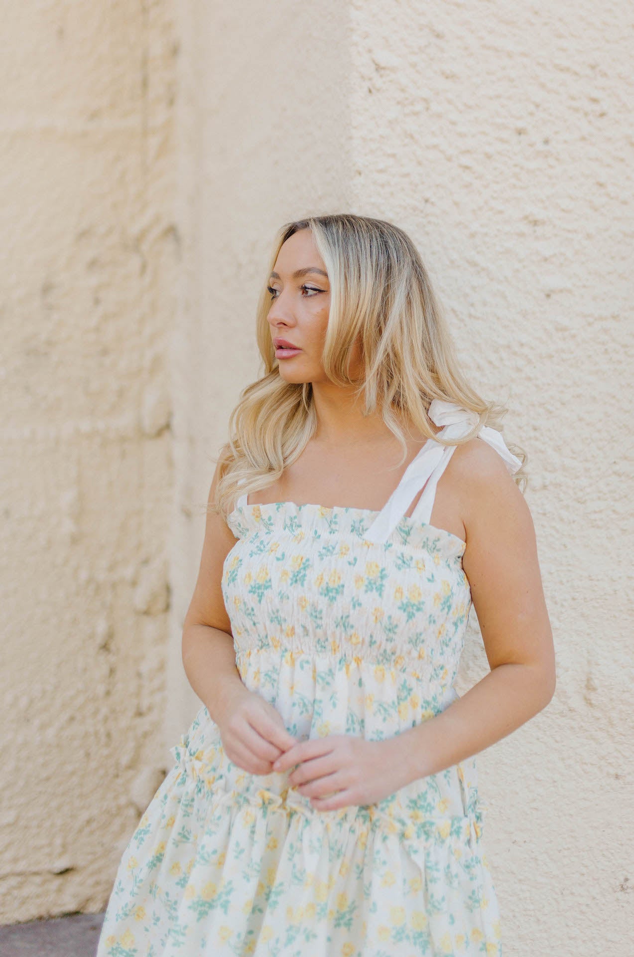 smocked bodice floral print midi dress