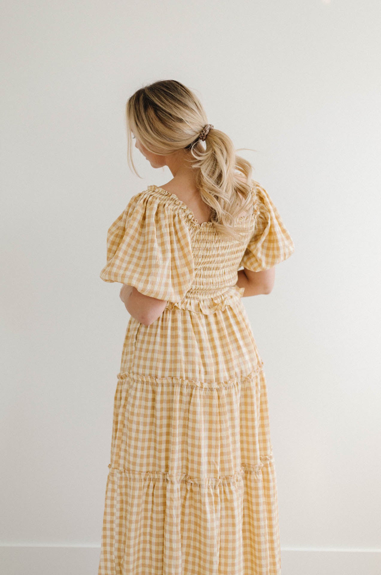 Tiered gingham hotsell maxi dress