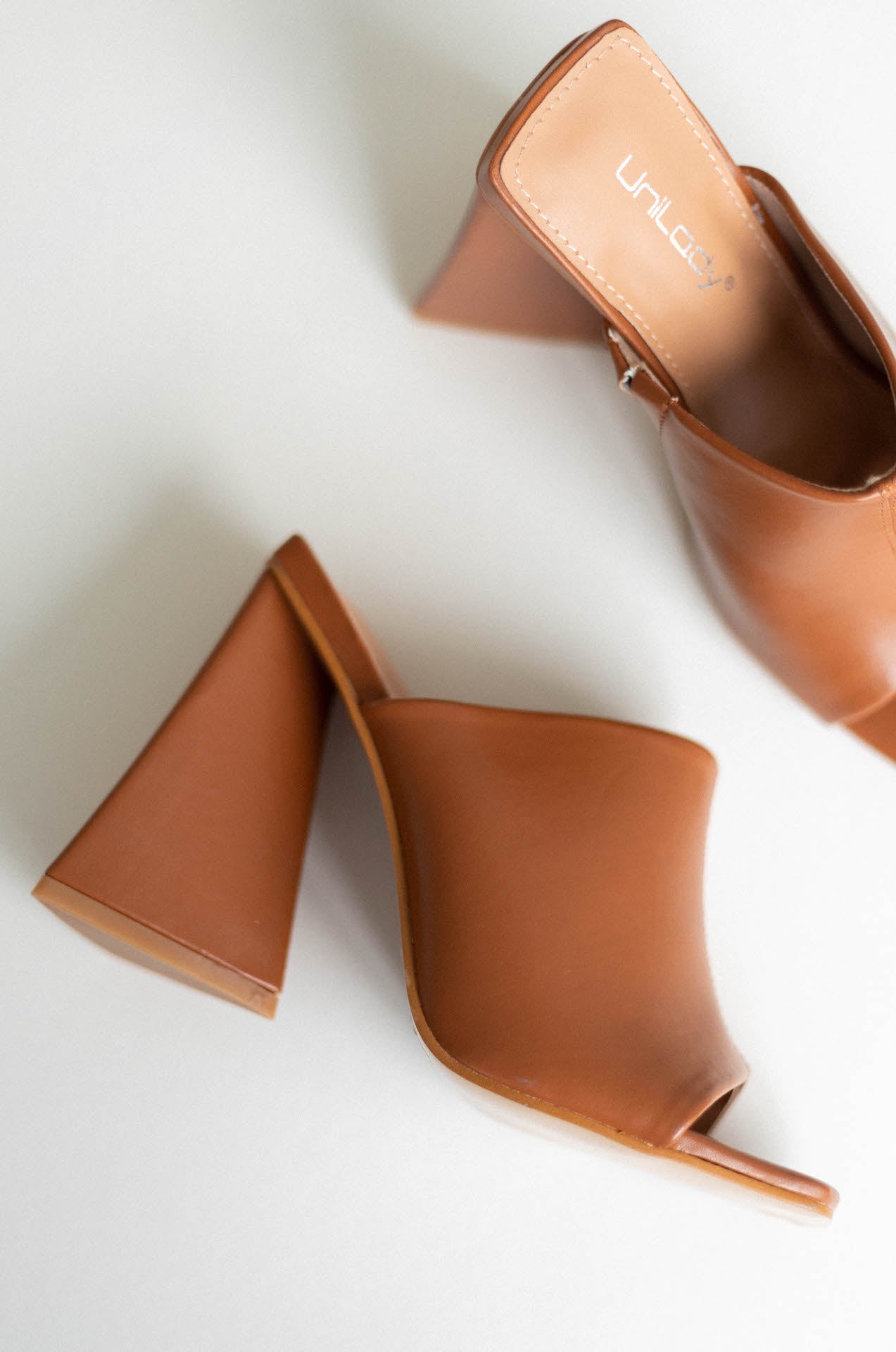 brown square triangle block mule sandal heels