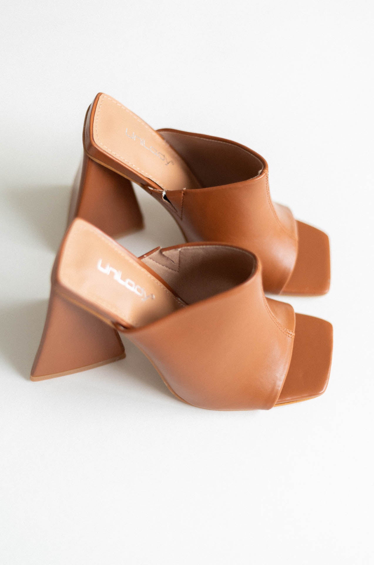 brown square triangle block mule sandal heels