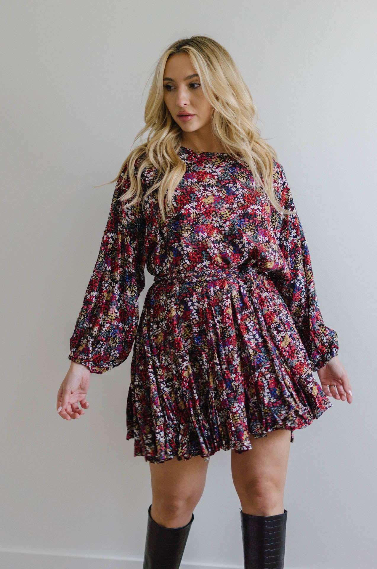 multicolor floral long sleeve mini dress with braided rope belt and pleated hem