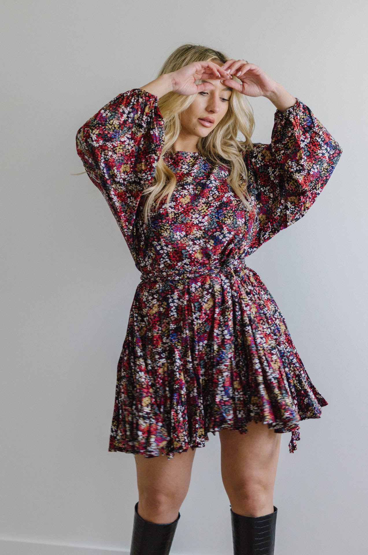 multicolor floral long sleeve mini dress with braided rope belt