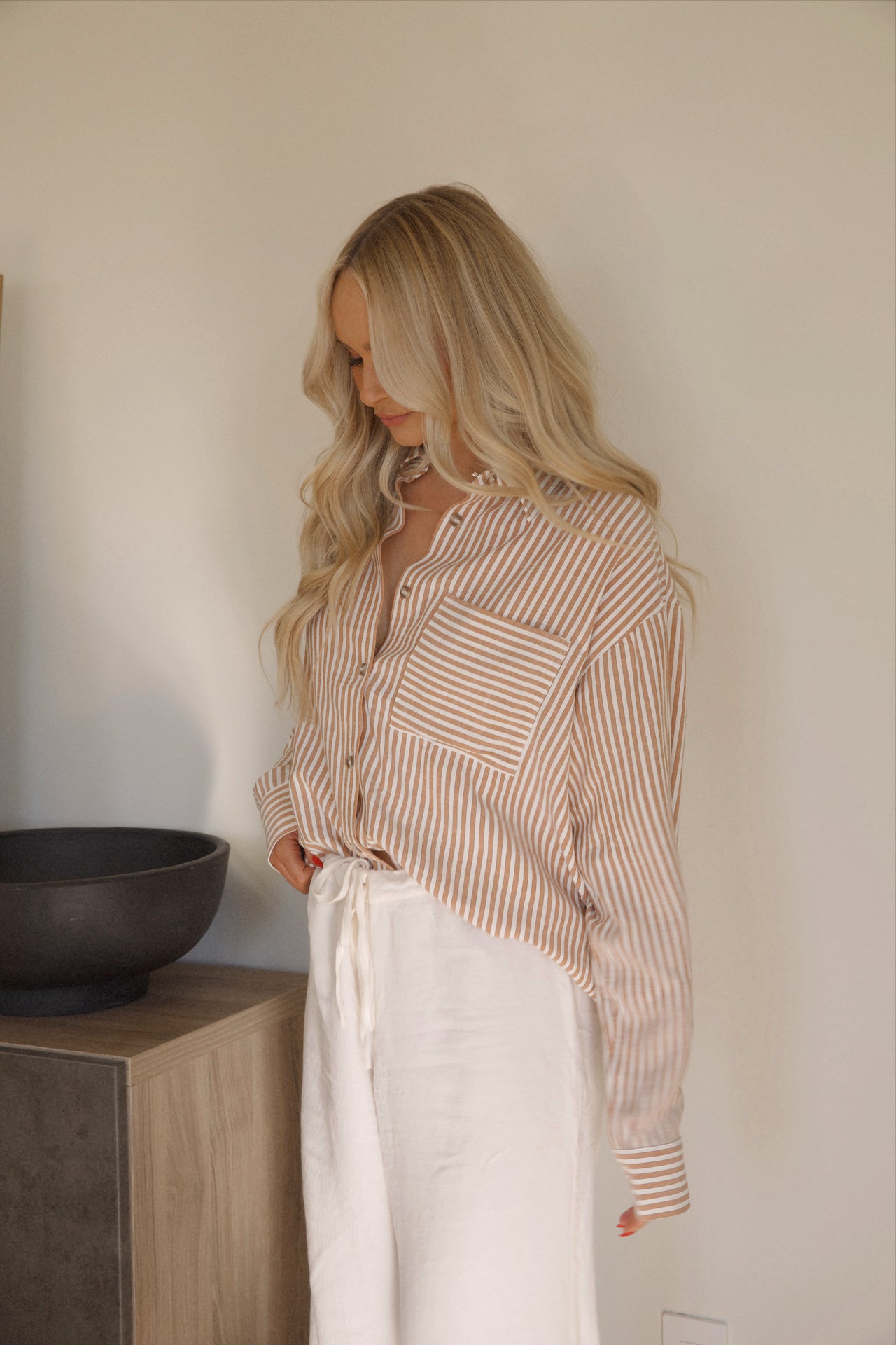 brown striped button down shirt for women