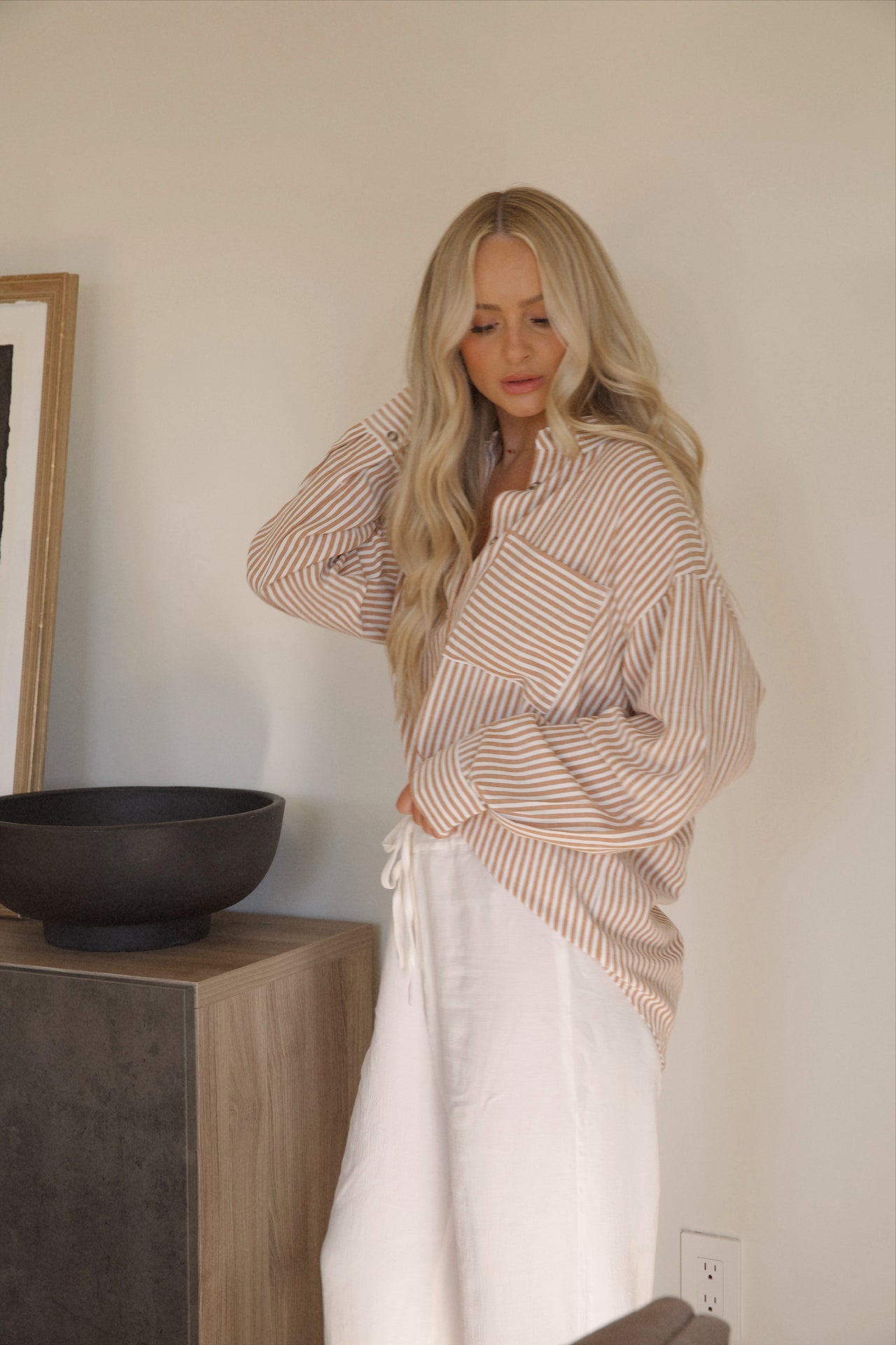 brown striped button up shirt for women