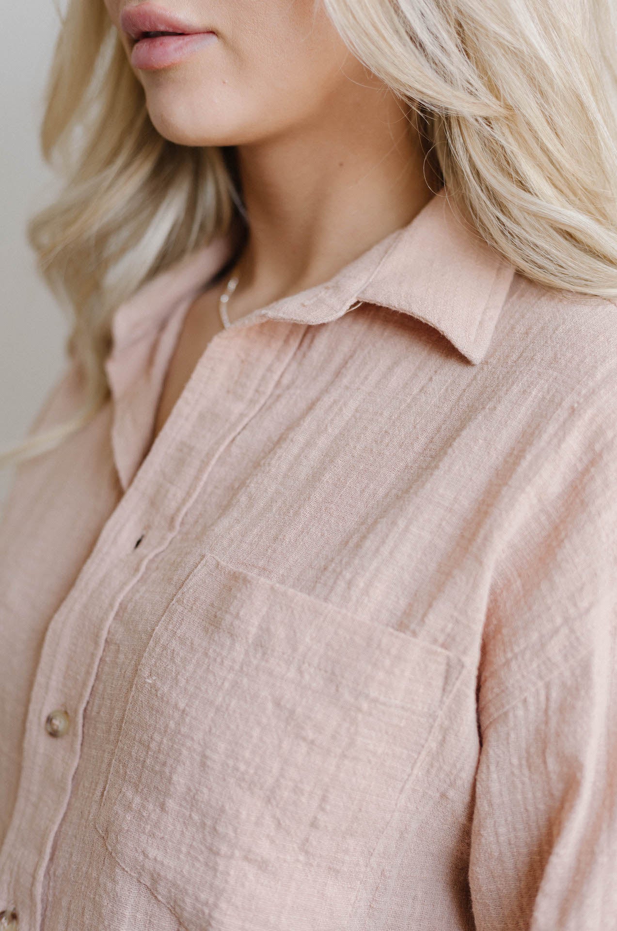 summer taupe nude crinkle gauzy button down shirt