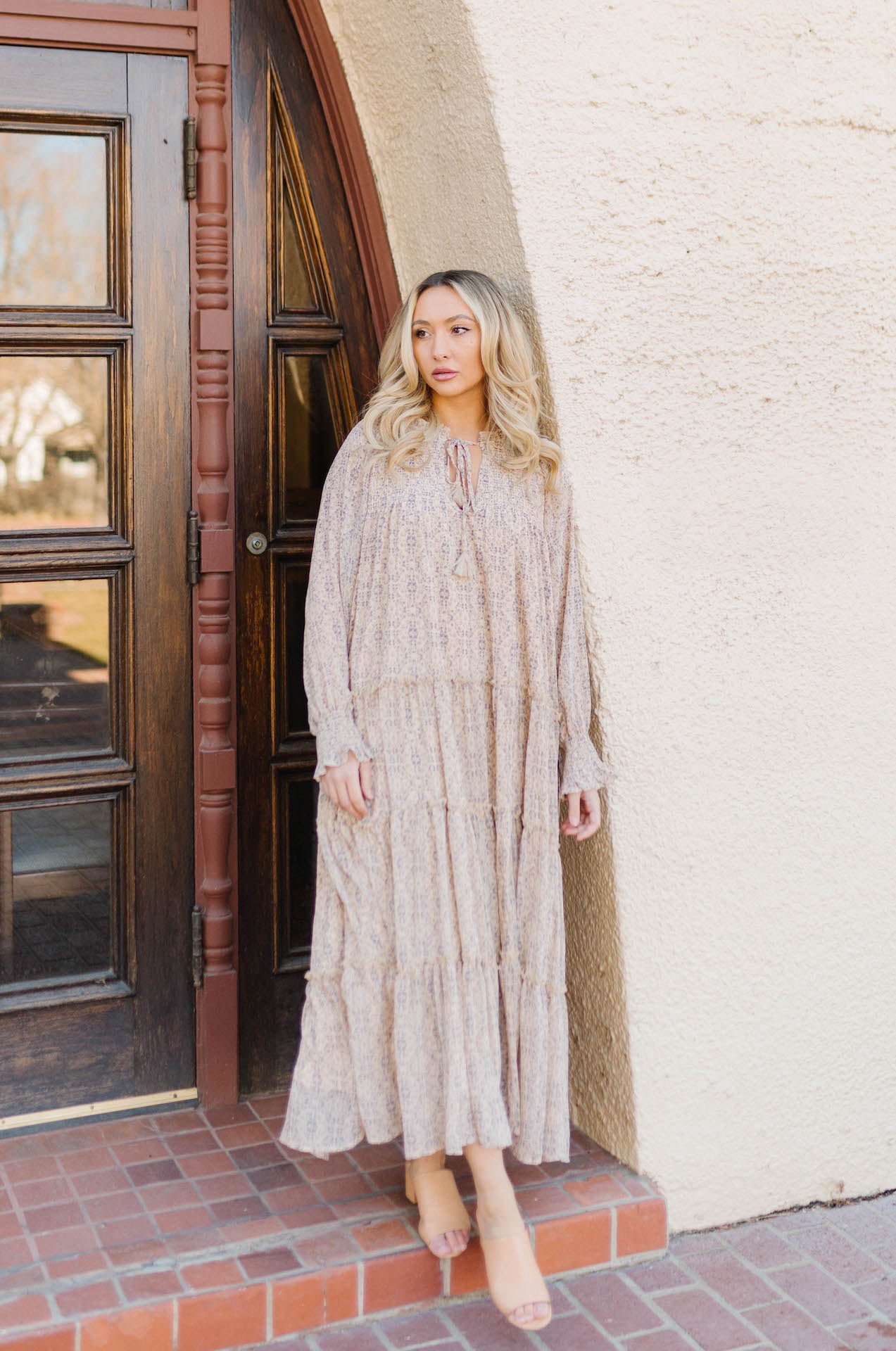 beige floral print tiered boho loose maxi dress with ruffle trim