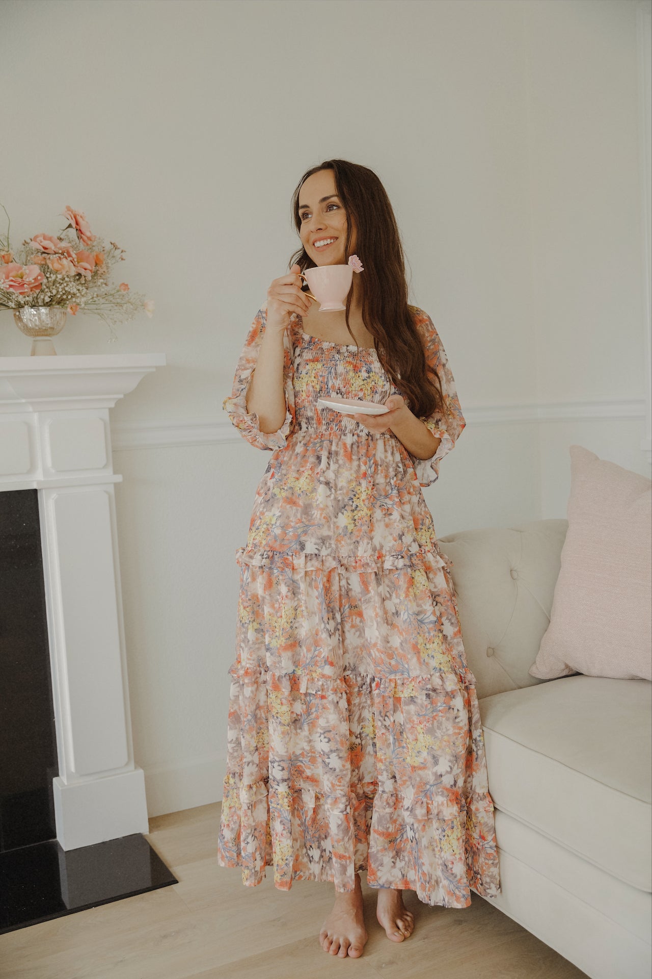 floral print tiered puff sleeve maxi dress