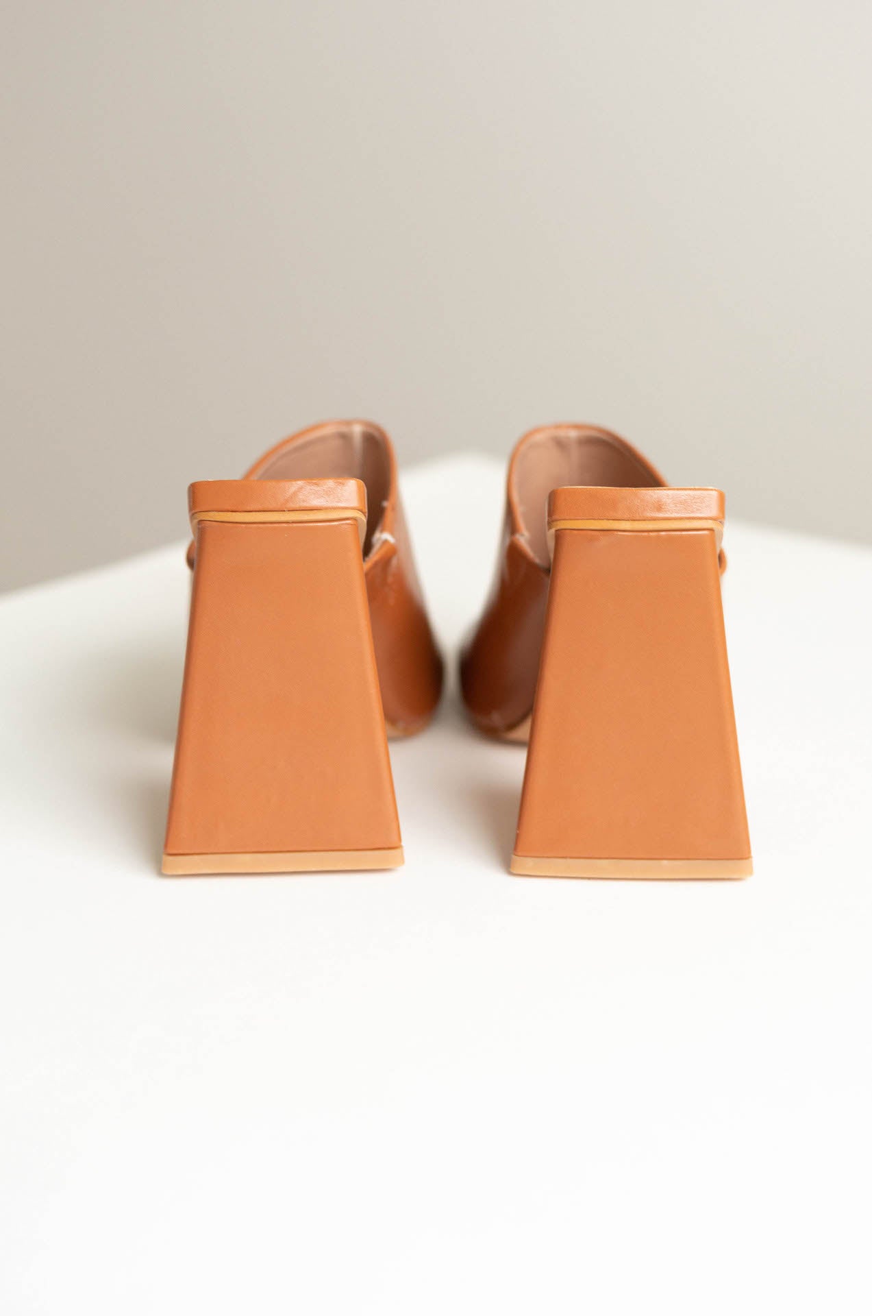 brown triangle block mule sandal heels
