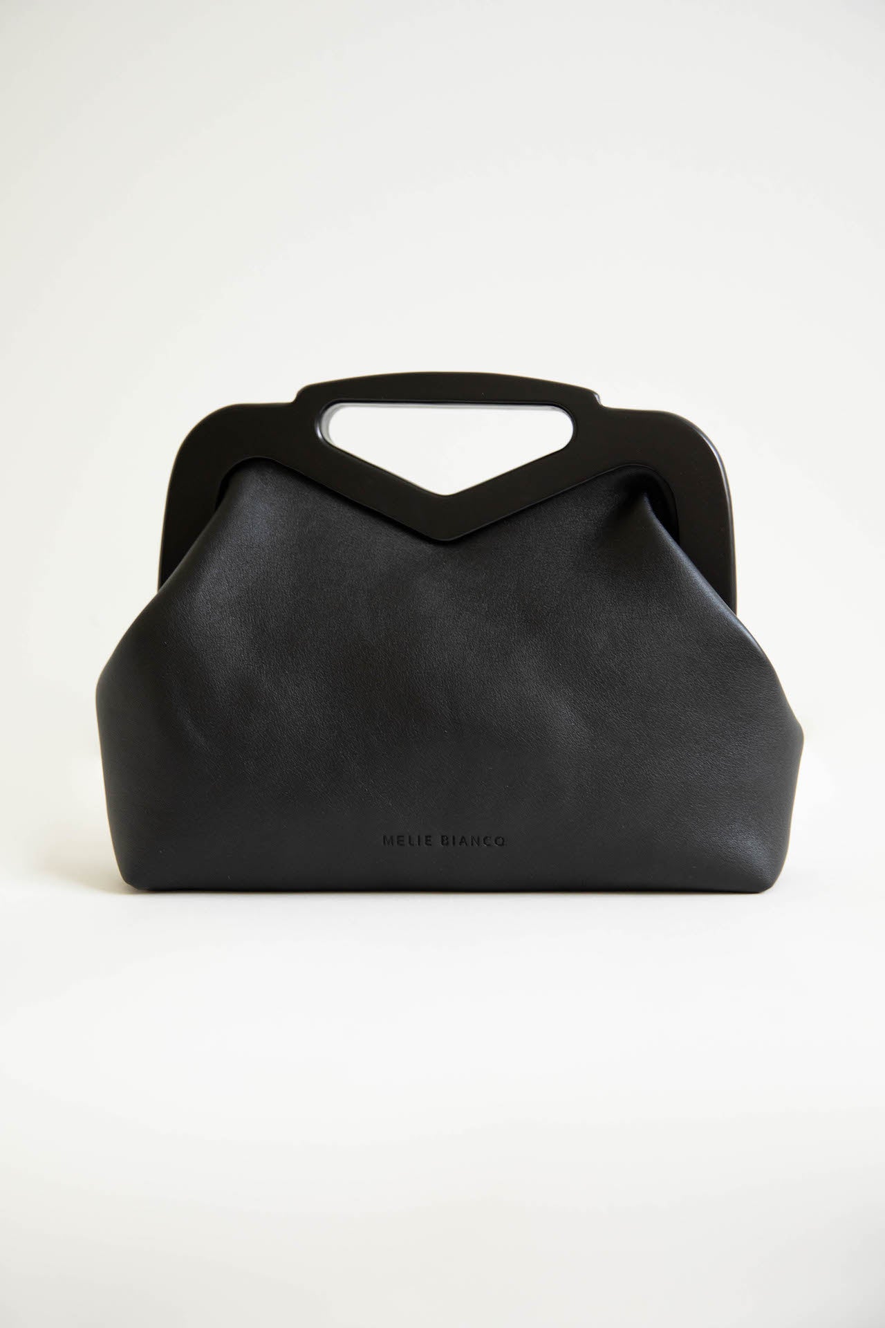 black vegan leather melie bianco triangle top handle bag