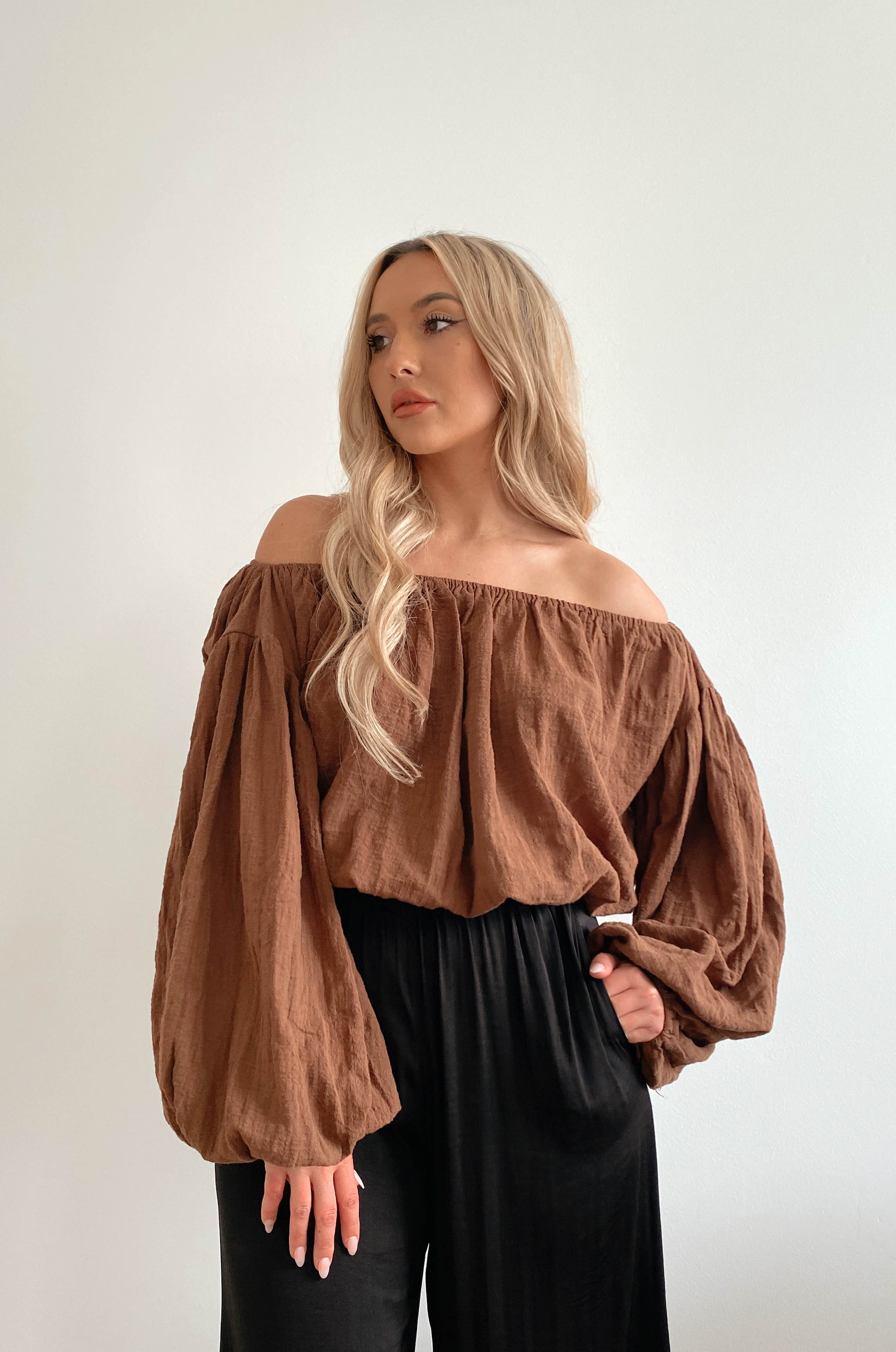 Loren Gauze Off The Shoulder Top - Brown