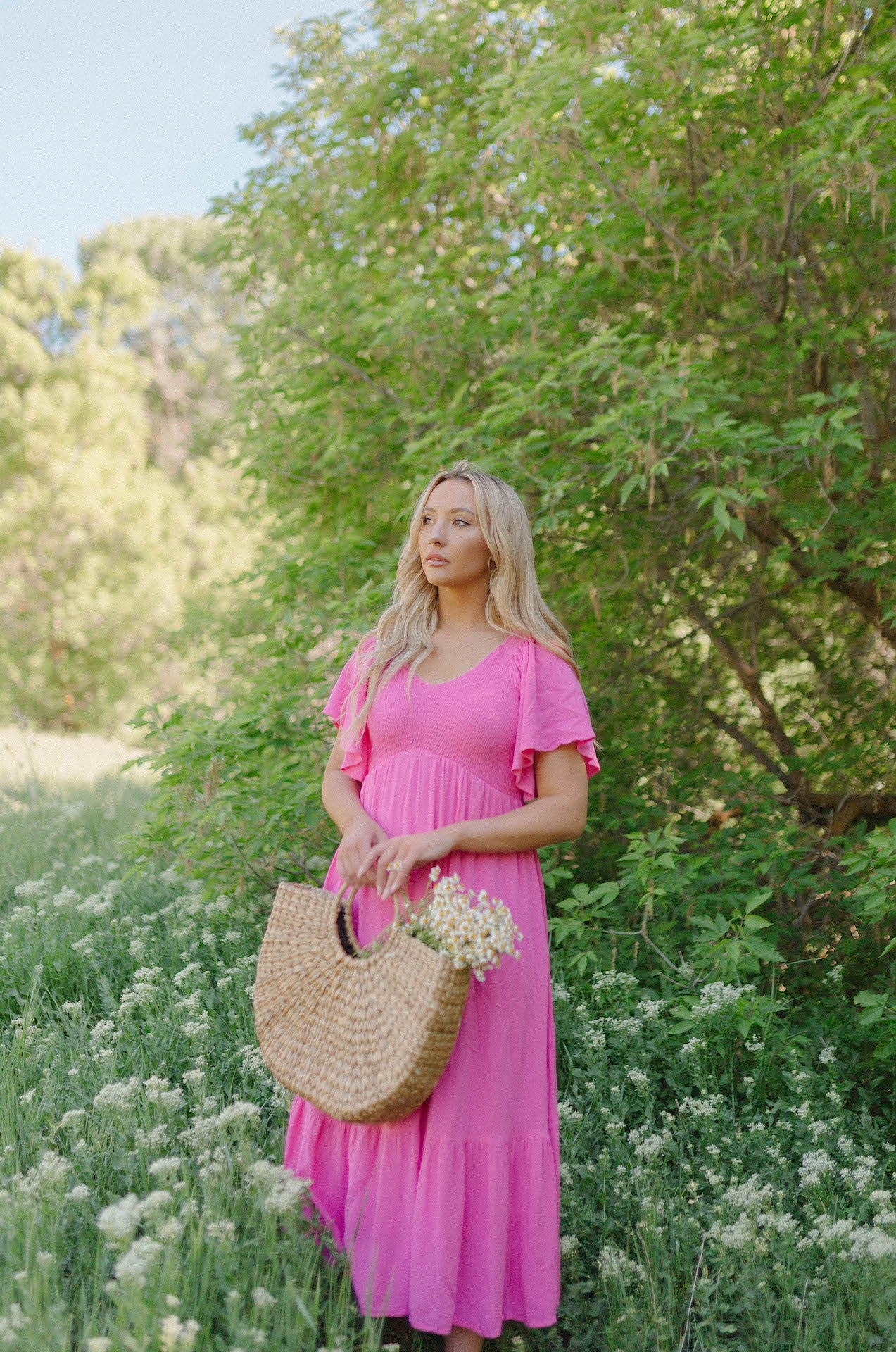 hot pink midi dress with ruffle trim