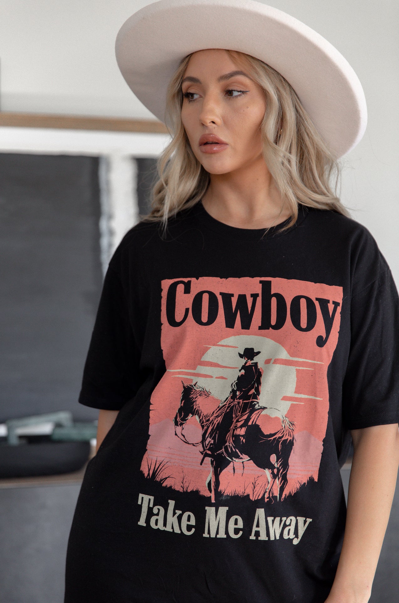 Cowboy Take Me Away Country Graphic Tee - T Shirt Dress - Mineral