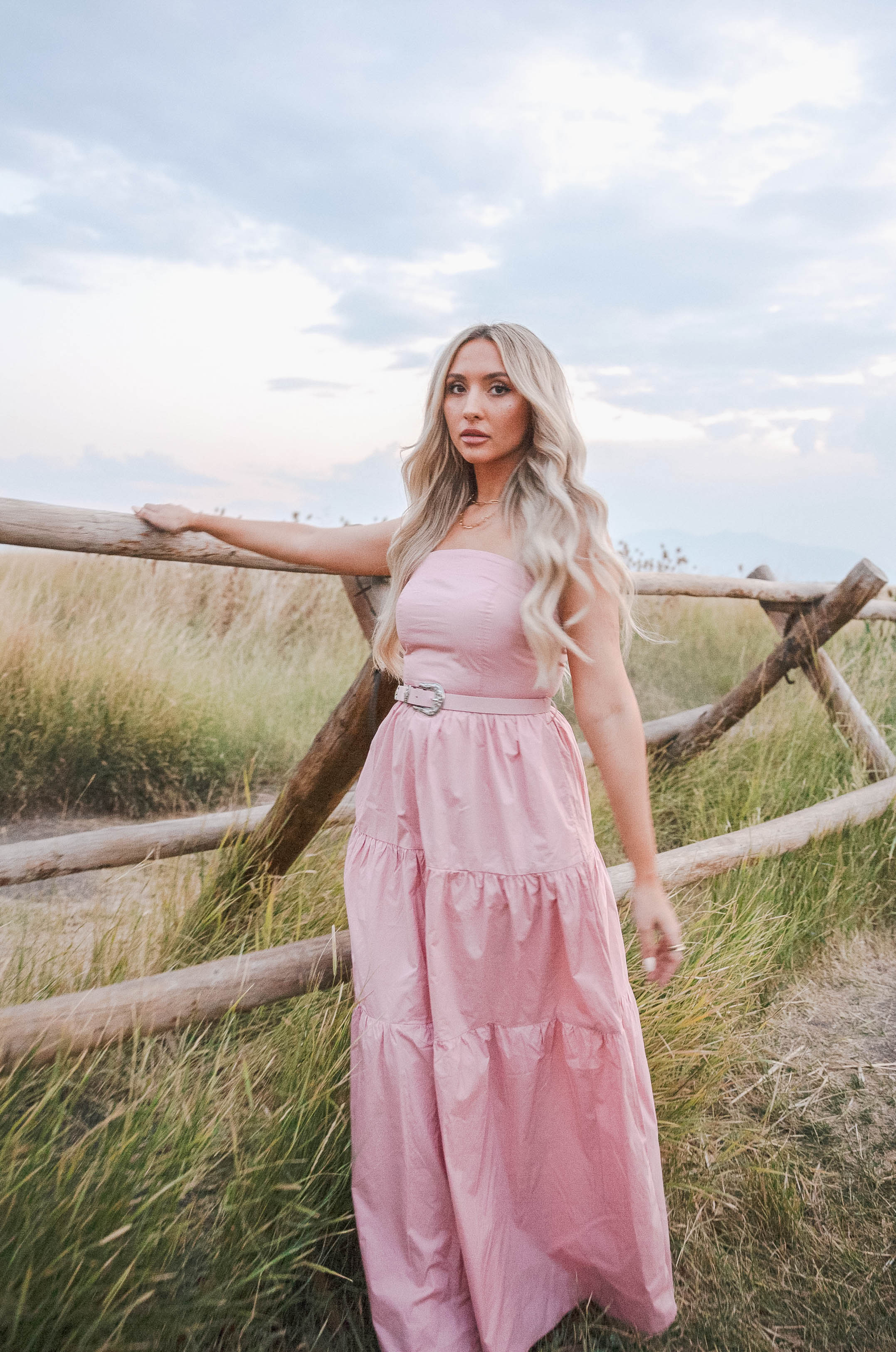 pink stylish maxi dress with matching western belt