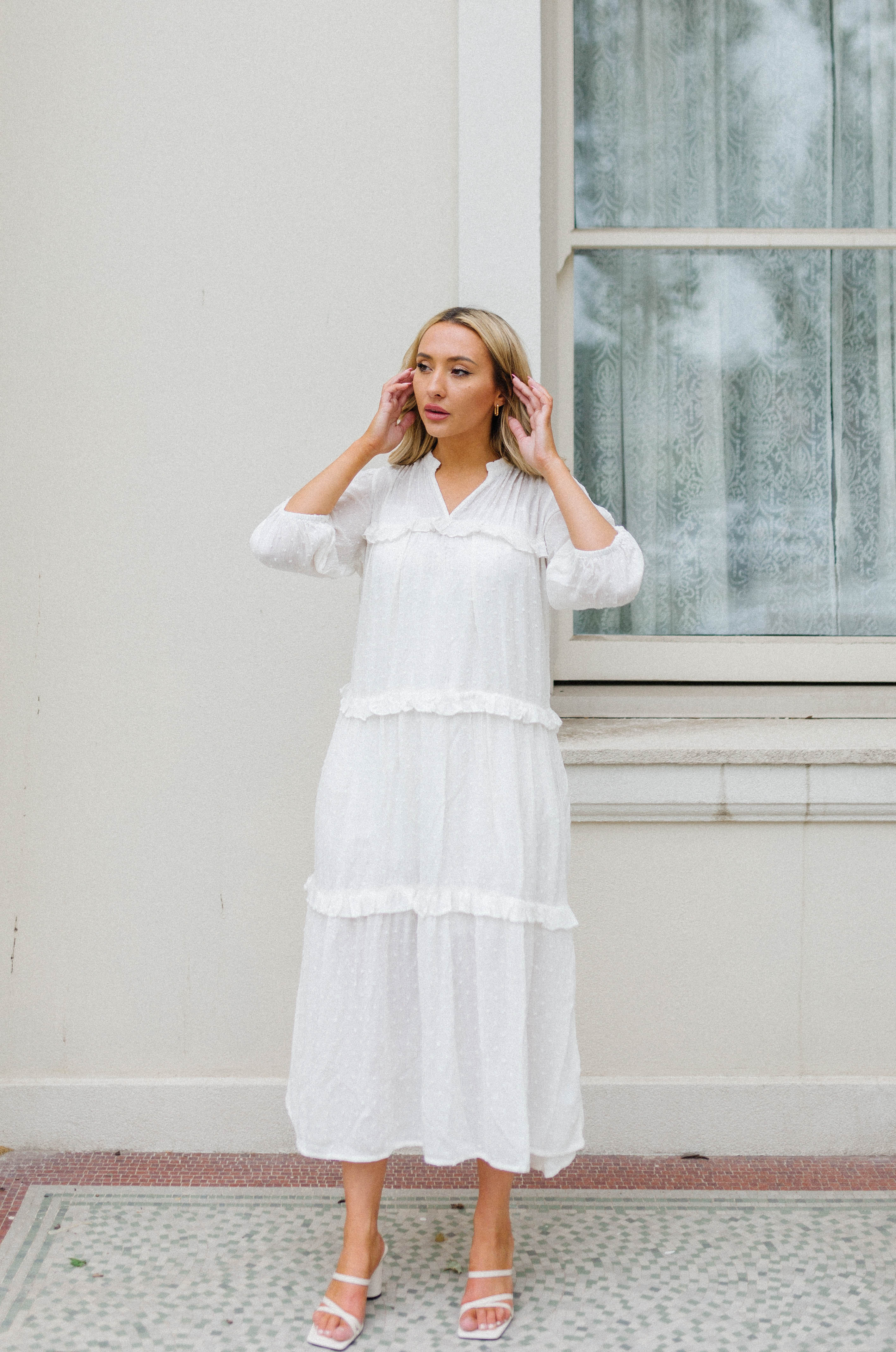 3/4 sleeve white maxi swiss dot dress