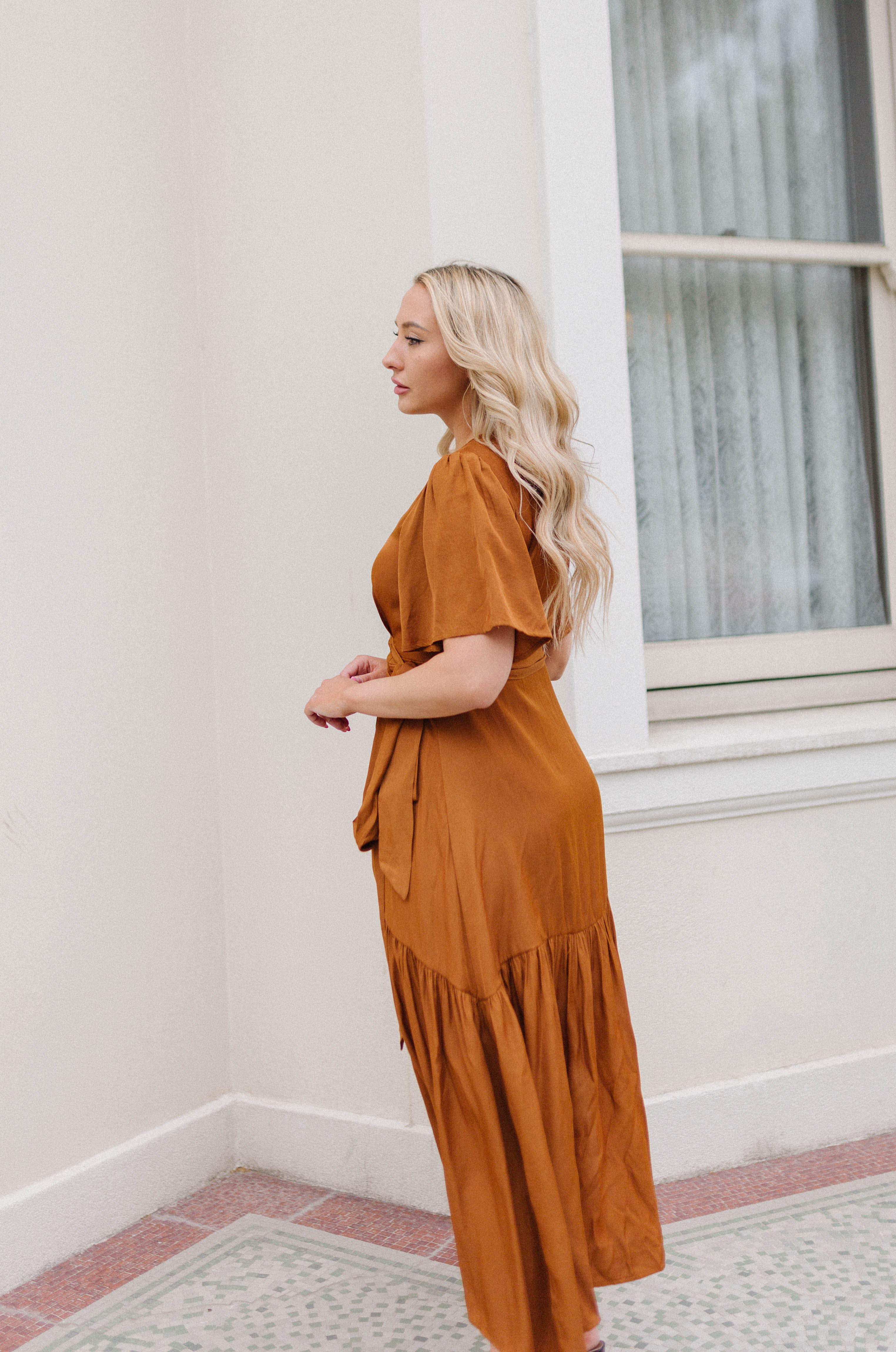 maxi brown satin midi dress