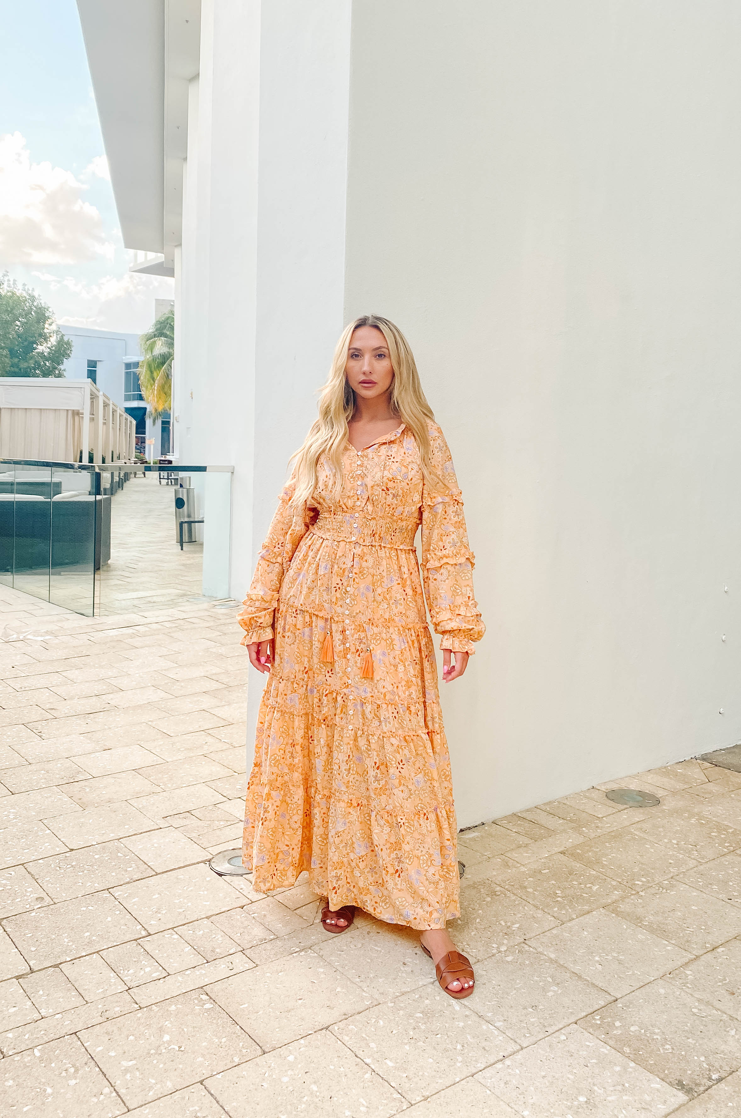 bohemian vacay maxi dress with tassels and floral pattern