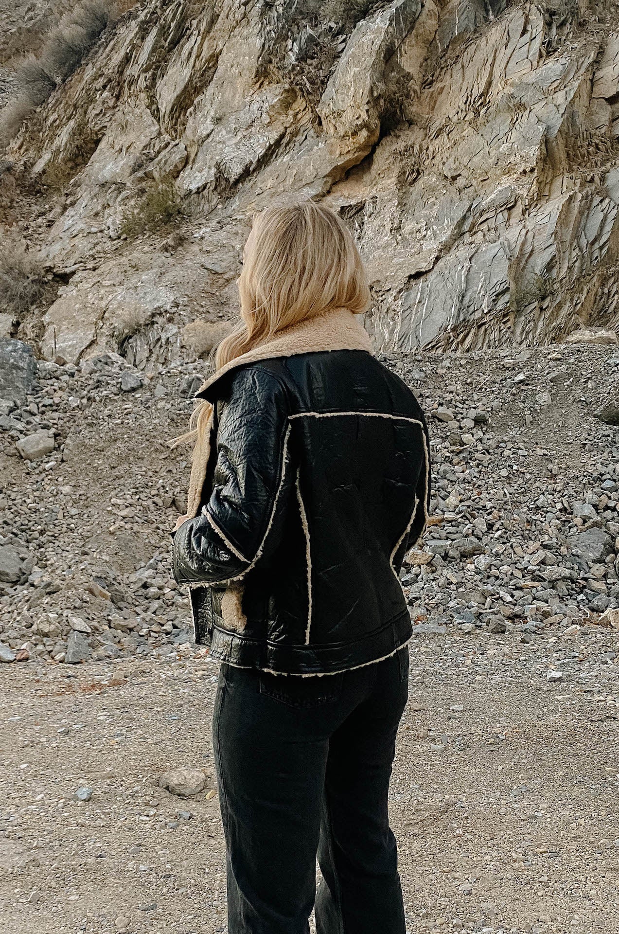 womens black faux leather biker jacket with shearling trim and interior
