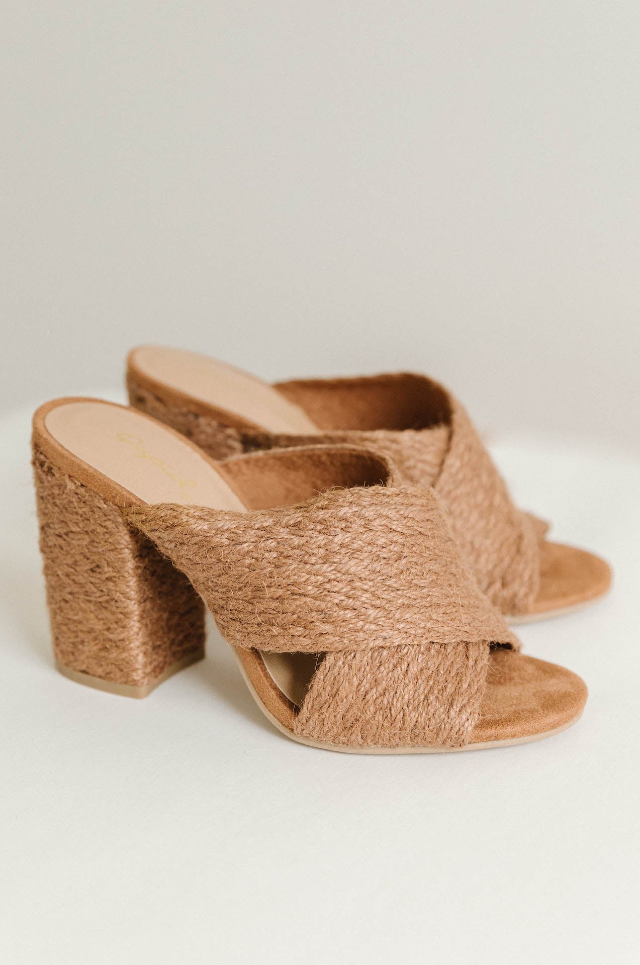 brown woven block heels