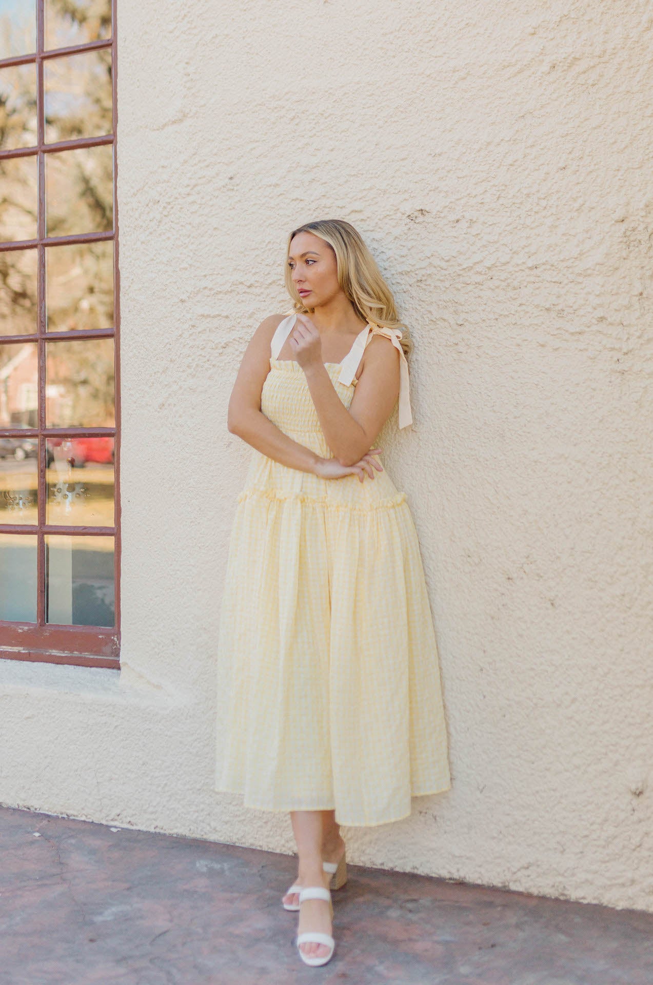 yellow gingham midi dress